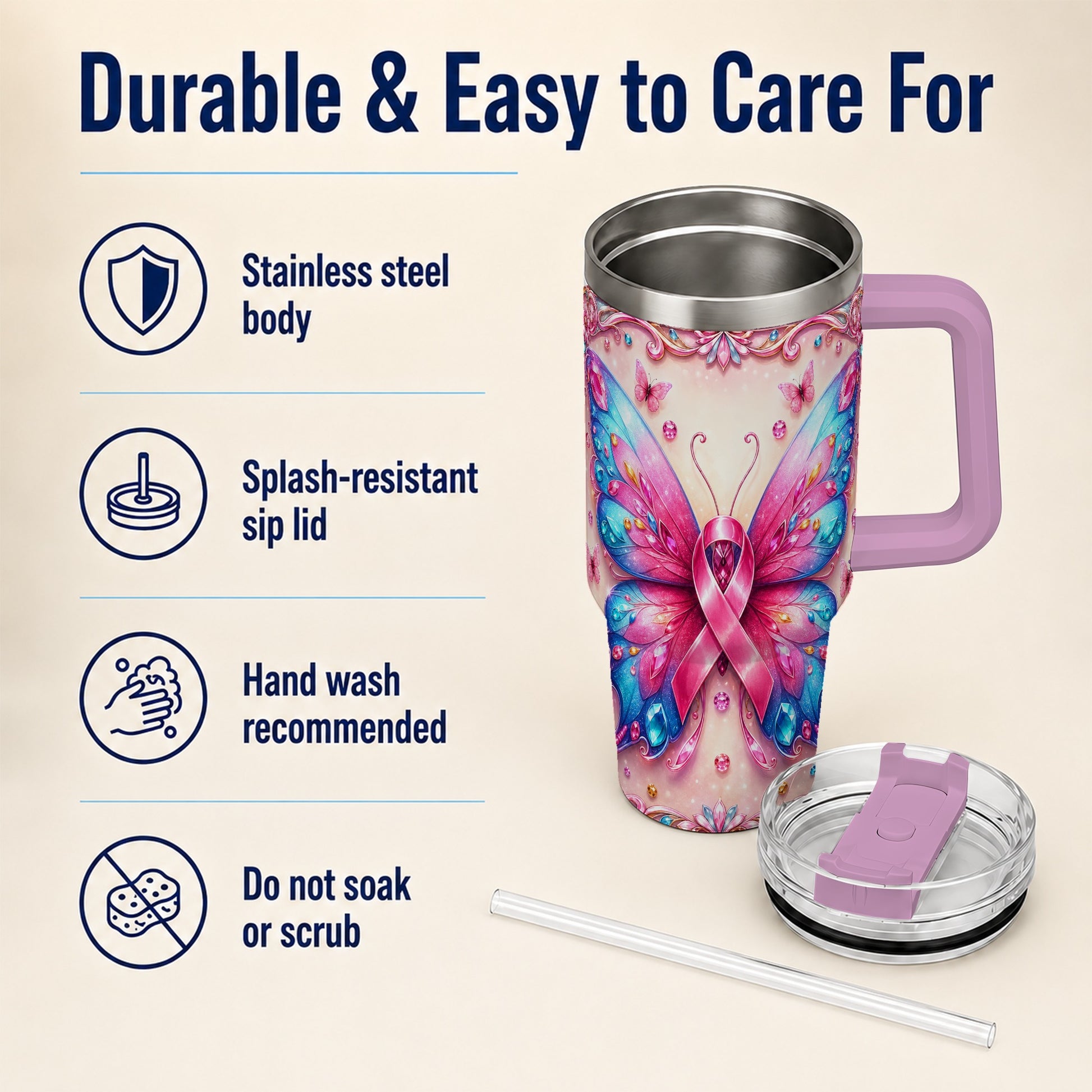 #pl[40oz|Pink] Pink Ribbon Butterfly 40oz Tumbler, Stainless Steel Travel Cup