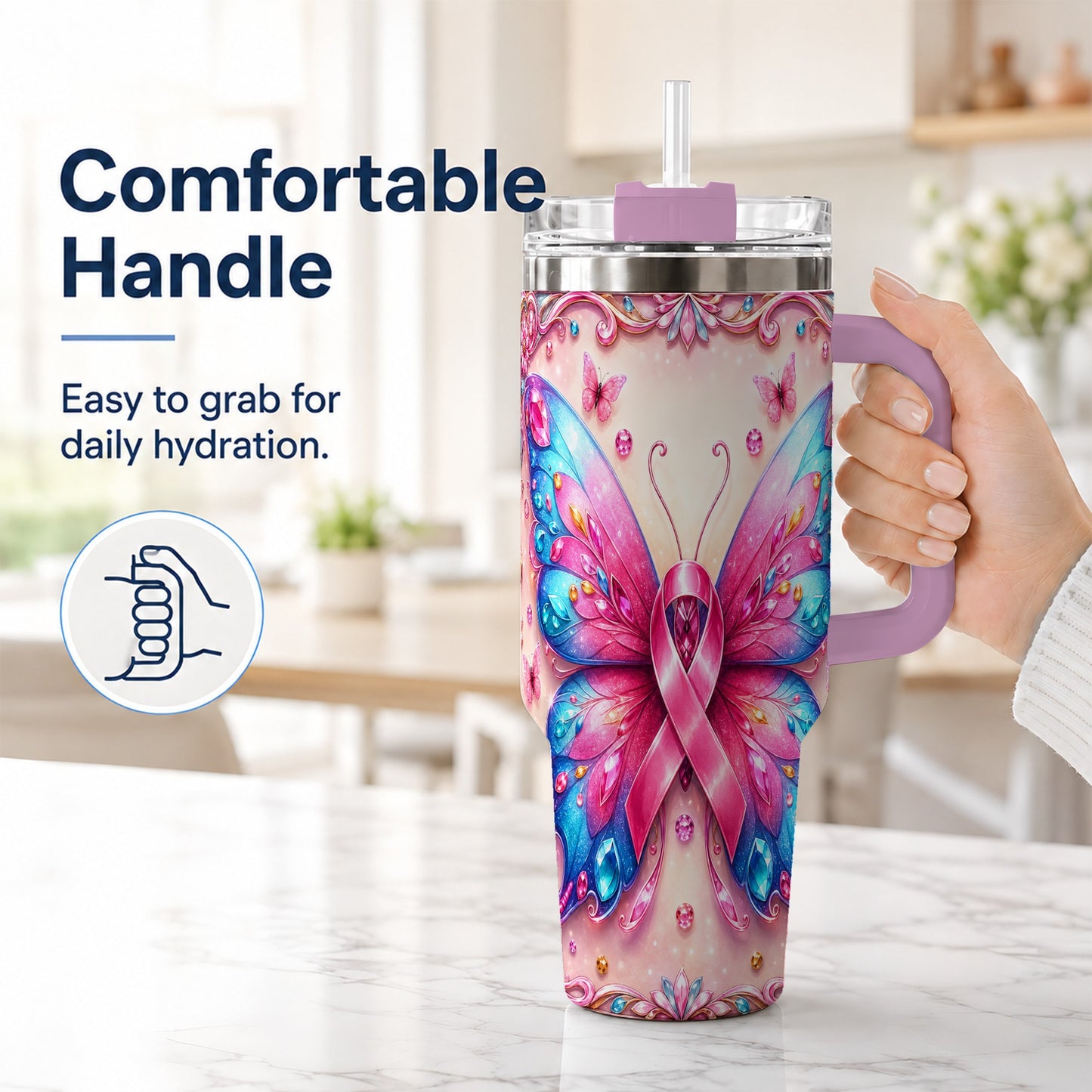 #pl[40oz|Pink] Pink Ribbon Butterfly 40oz Tumbler, Stainless Steel Travel Cup