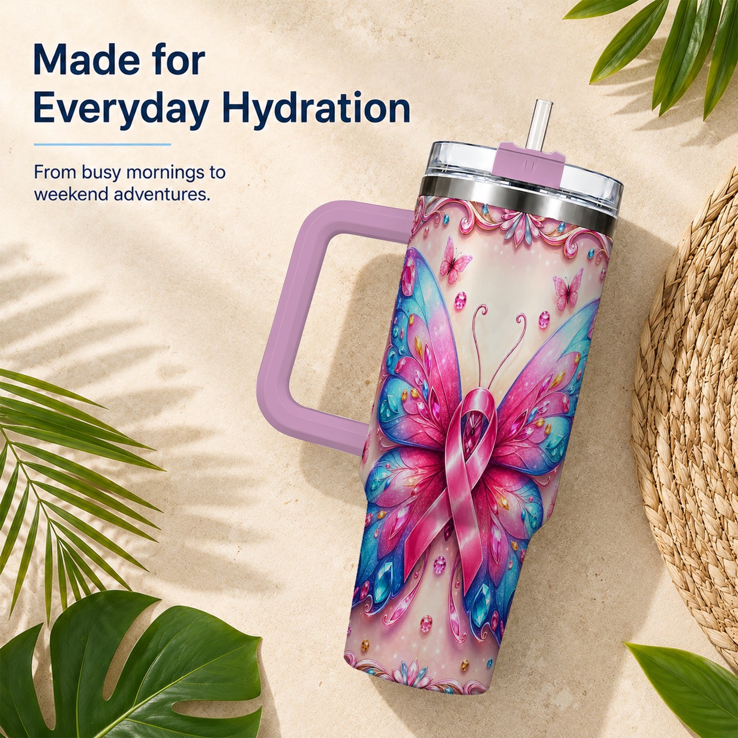 #pl[40oz|Pink] Pink Ribbon Butterfly 40oz Tumbler, Stainless Steel Travel Cup