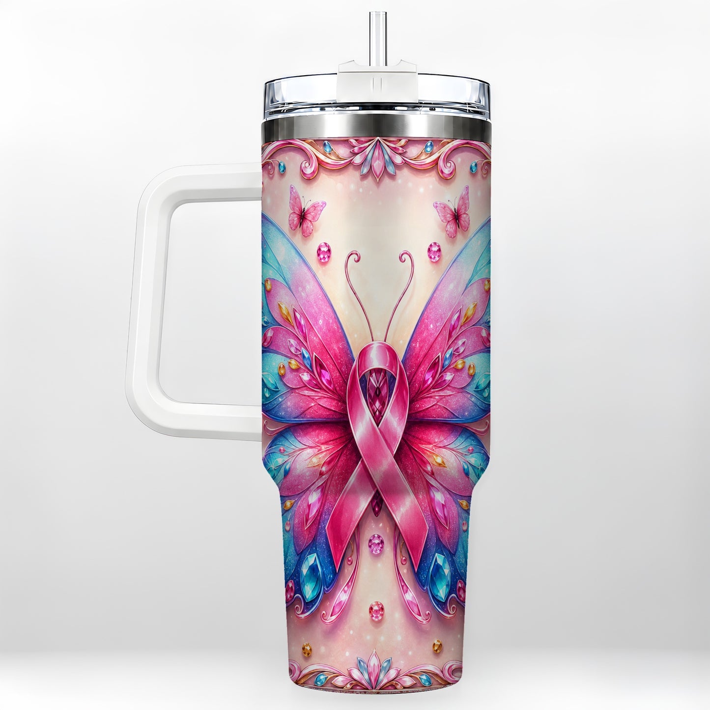 #pl[40oz|White] Pink Ribbon Butterfly 40oz Tumbler, Stainless Steel Travel Cup