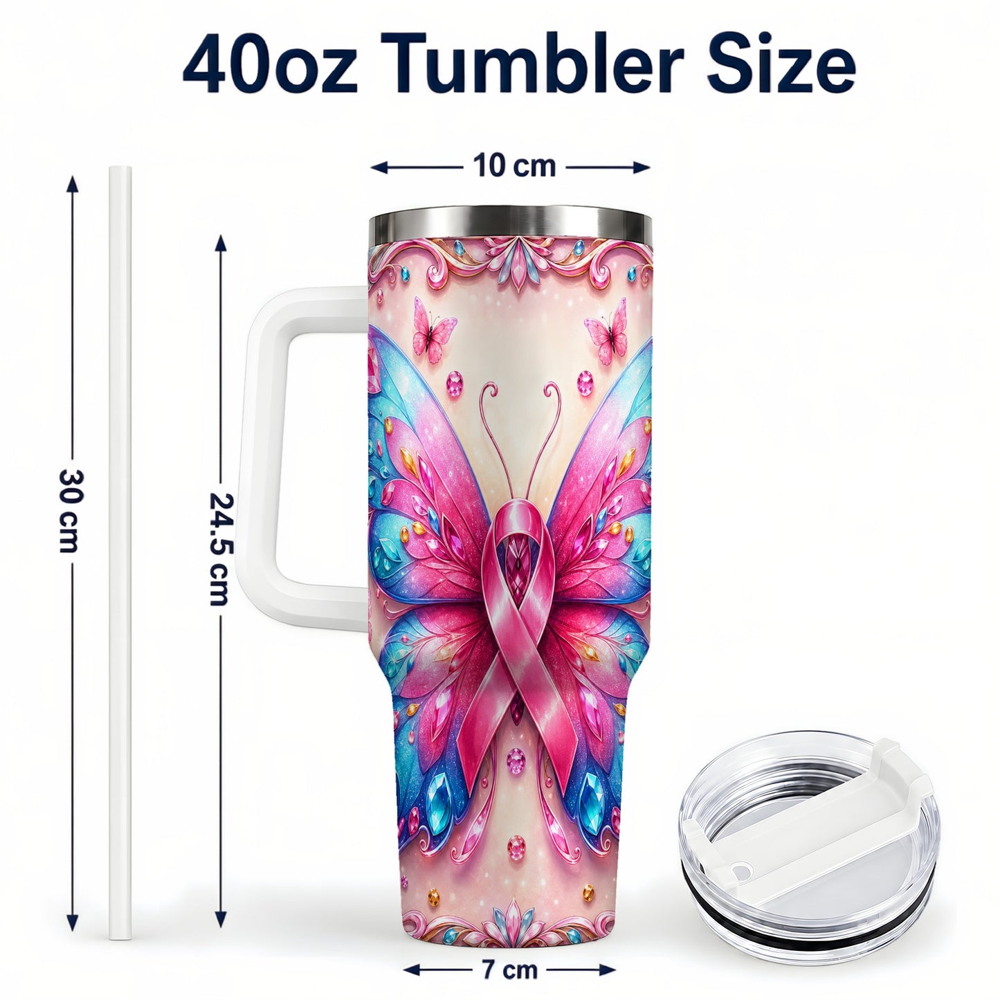 #pl[40oz|White] Pink Ribbon Butterfly 40oz Tumbler, Stainless Steel Travel Cup