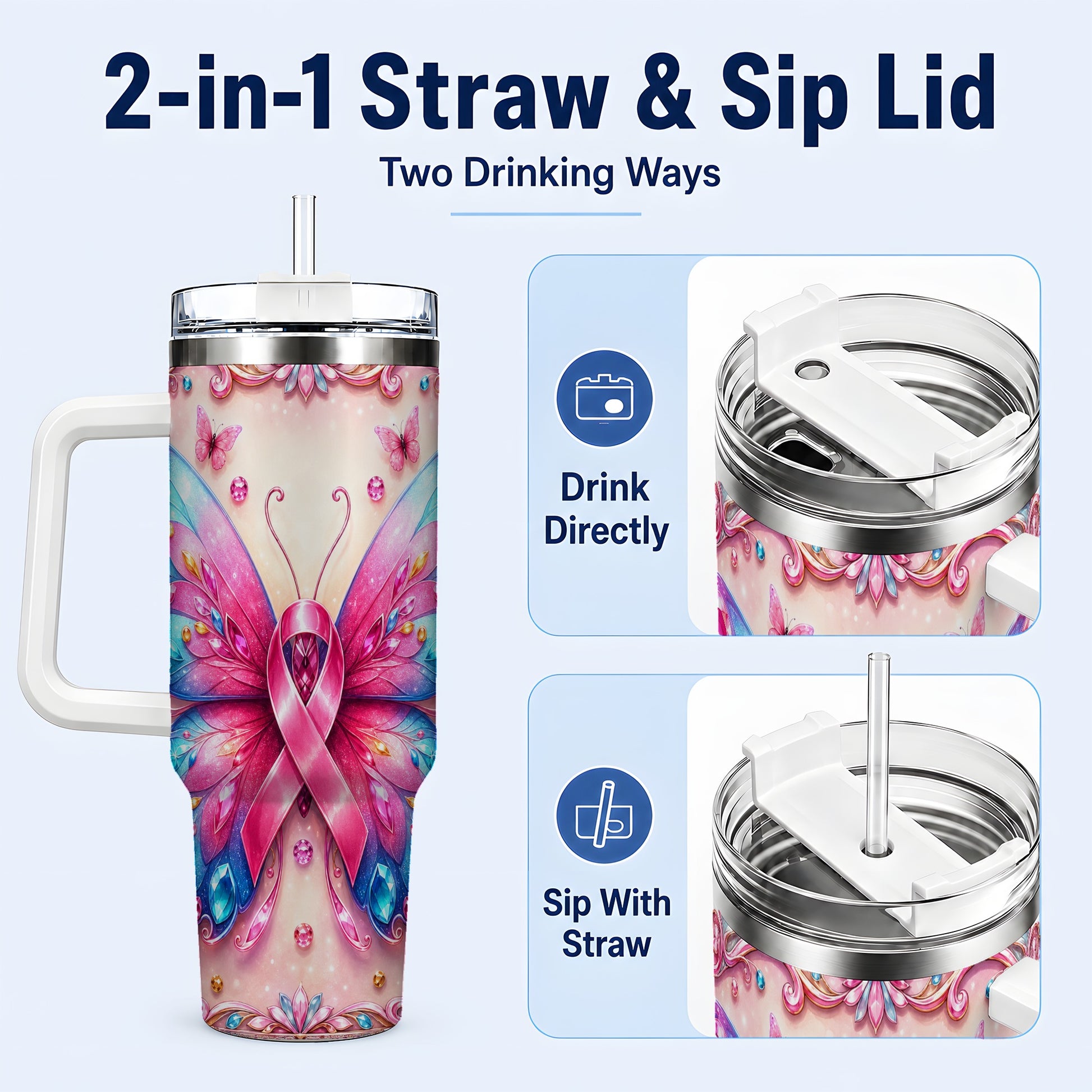 #pl[40oz|White] Pink Ribbon Butterfly 40oz Tumbler, Stainless Steel Travel Cup