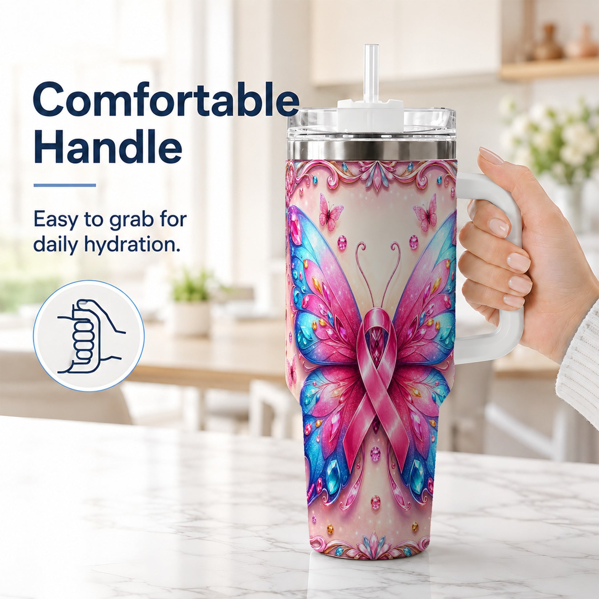 #pl[40oz|White] Pink Ribbon Butterfly 40oz Tumbler, Stainless Steel Travel Cup