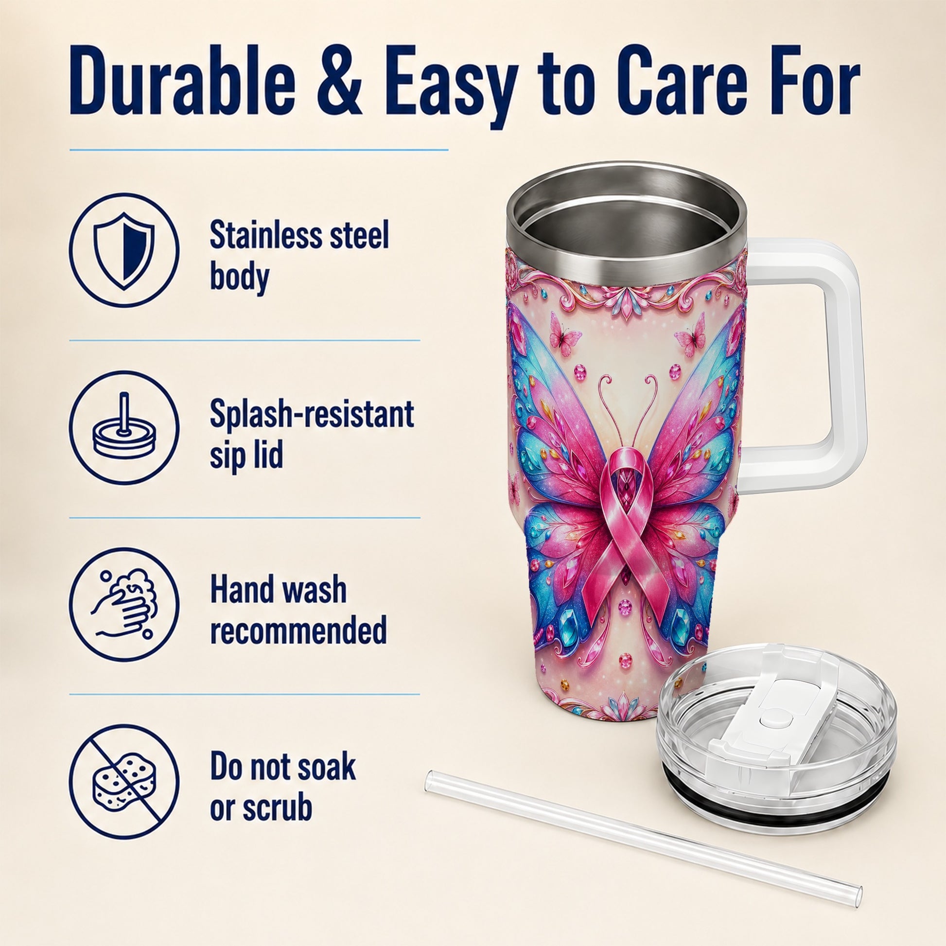 #pl[40oz|White] Pink Ribbon Butterfly 40oz Tumbler, Stainless Steel Travel Cup