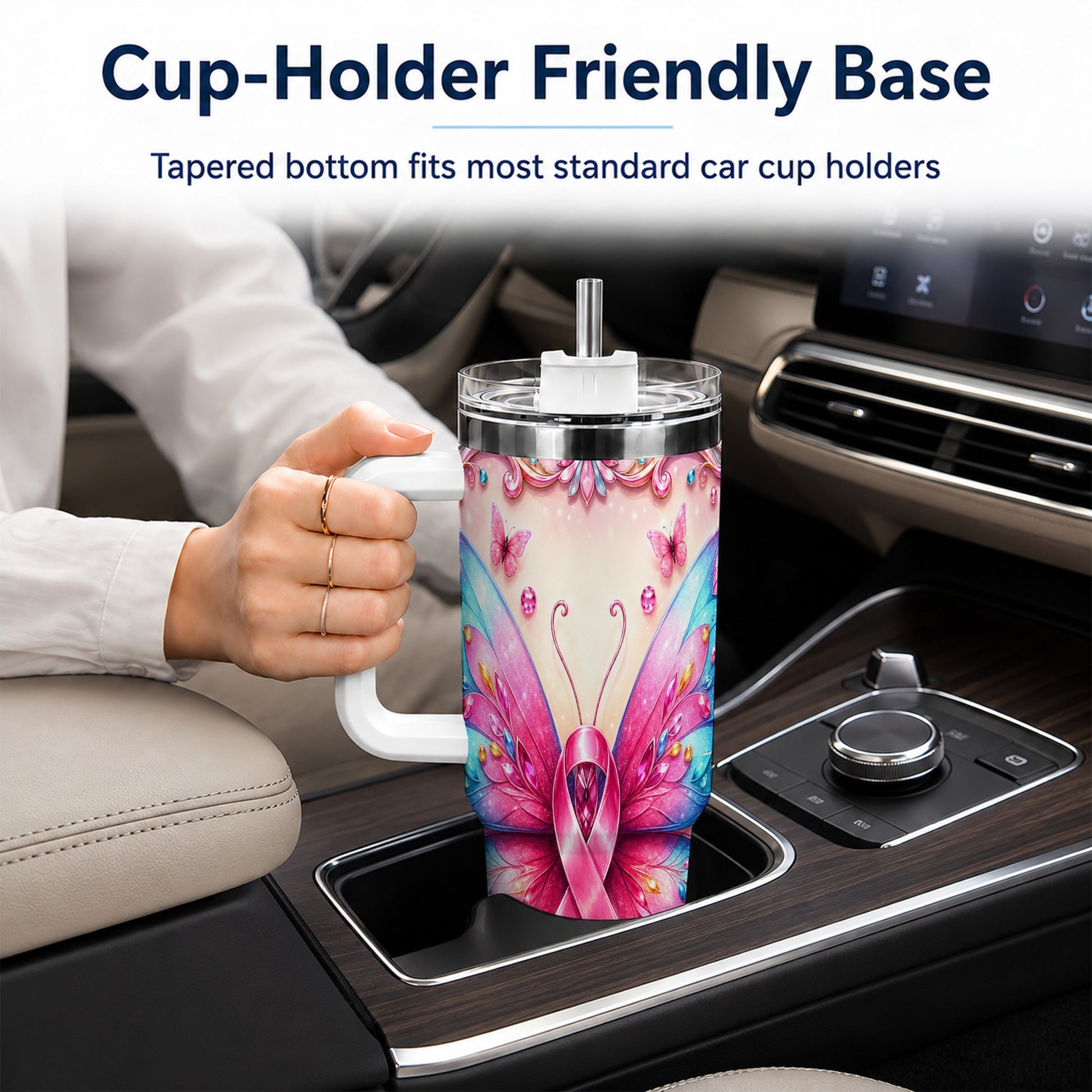 #pl[40oz|White] Pink Ribbon Butterfly 40oz Tumbler, Stainless Steel Travel Cup