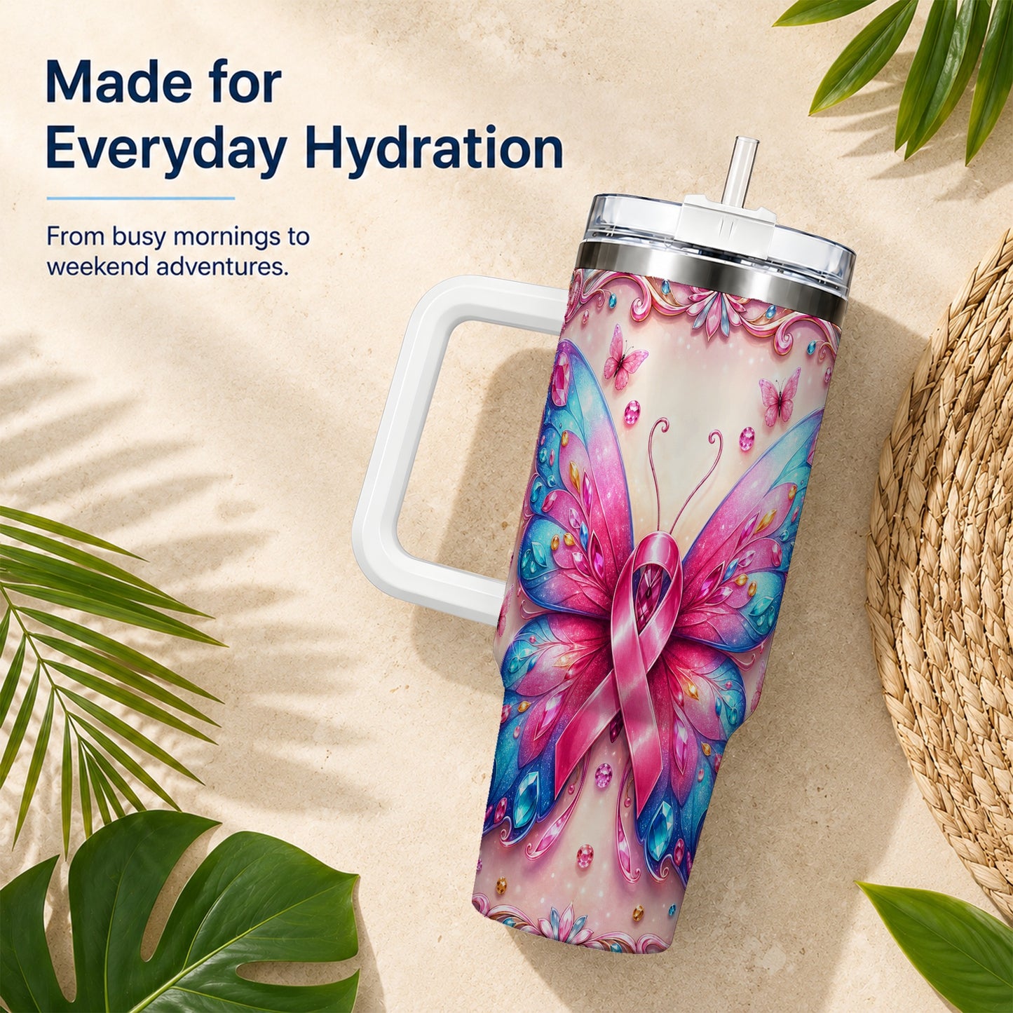 #pl[40oz|White] Pink Ribbon Butterfly 40oz Tumbler, Stainless Steel Travel Cup