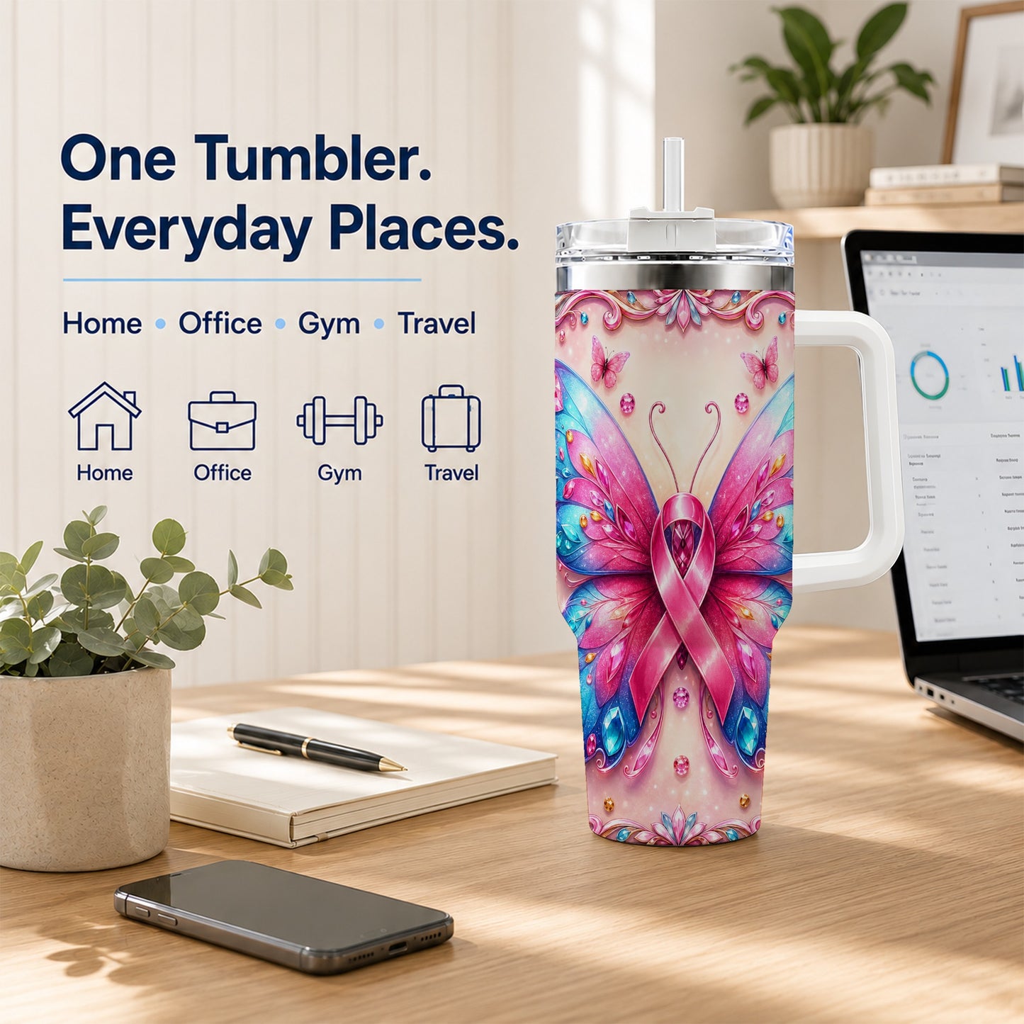 #pl[40oz|White] Pink Ribbon Butterfly 40oz Tumbler, Stainless Steel Travel Cup