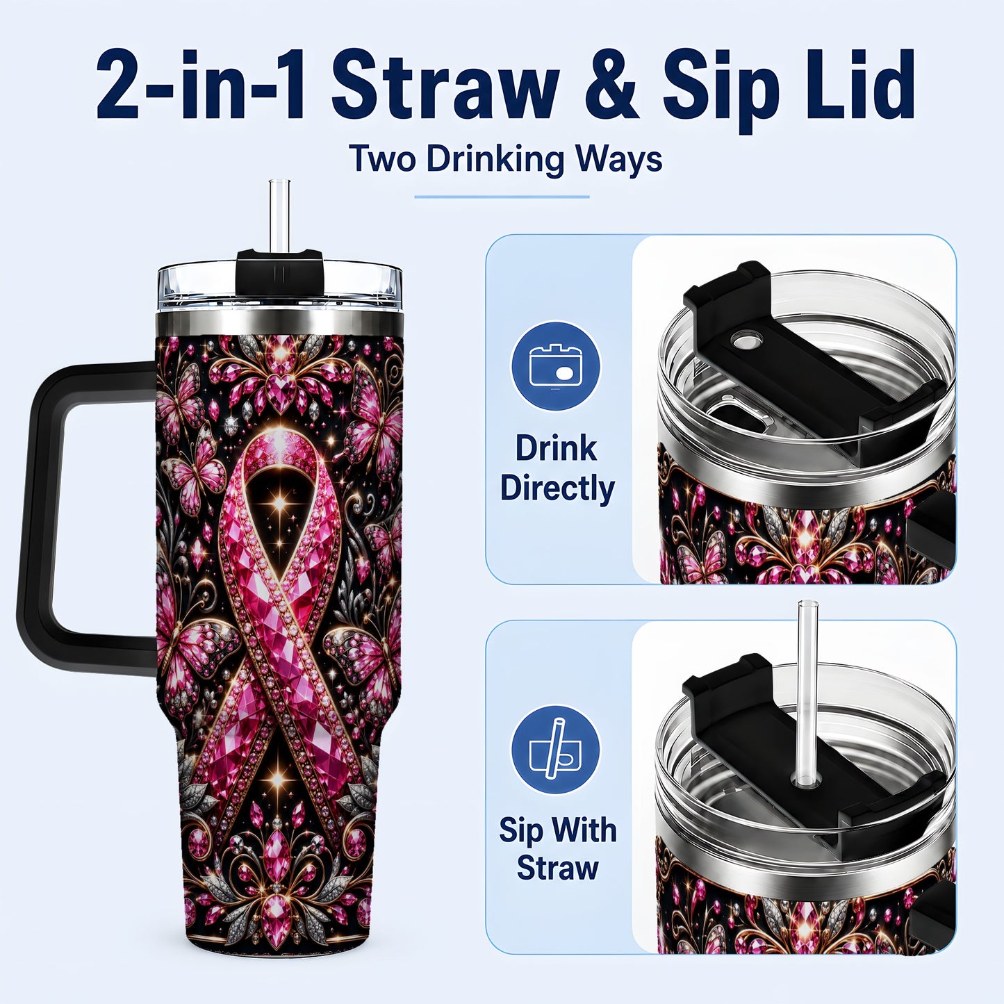 #pl[40oz|Black] Pink Ribbon 40oz Tumbler with Handle, Butterfly Stainless Steel Travel Cup
