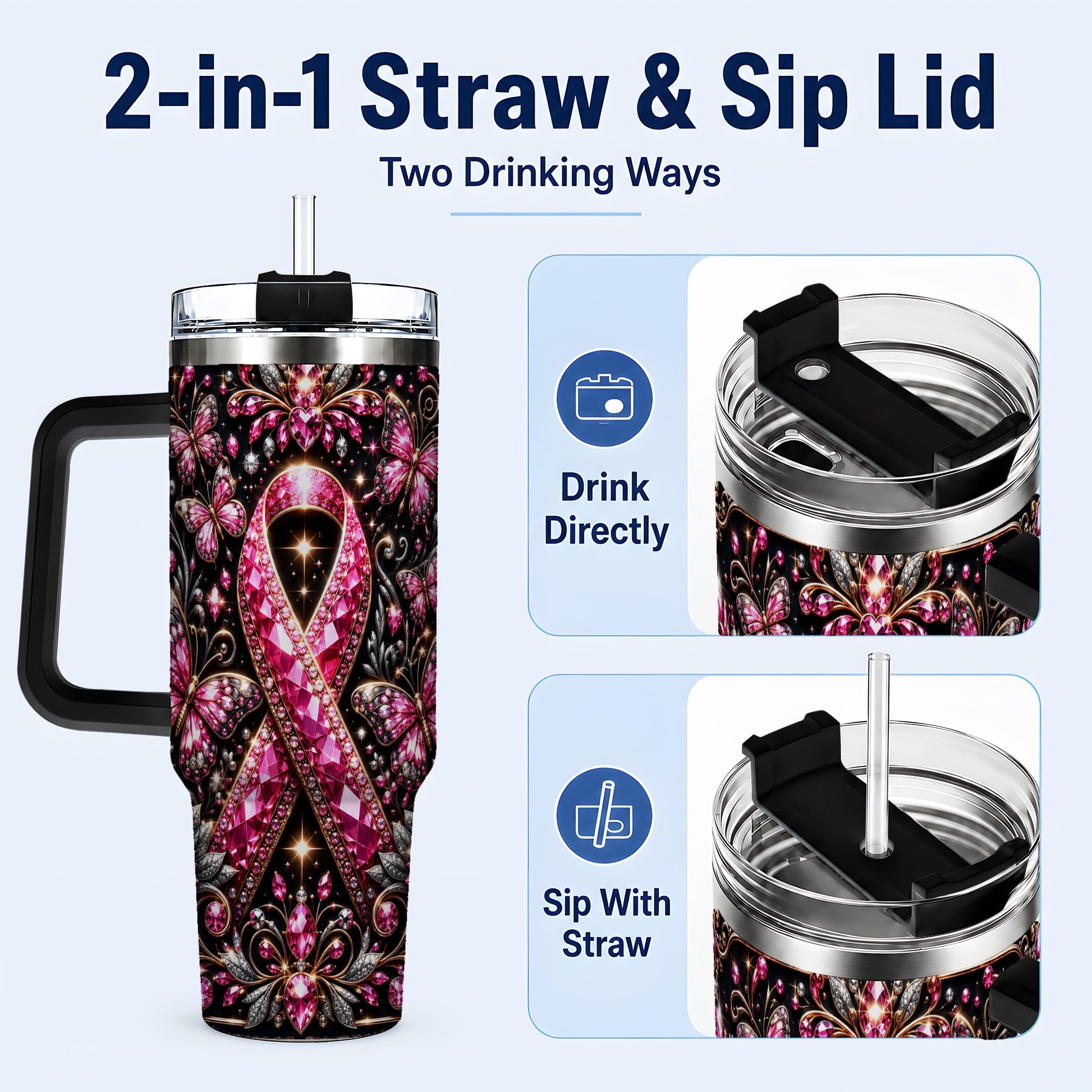 #pl[40oz|Black] Pink Ribbon 40oz Tumbler with Handle, Butterfly Stainless Steel Travel Cup