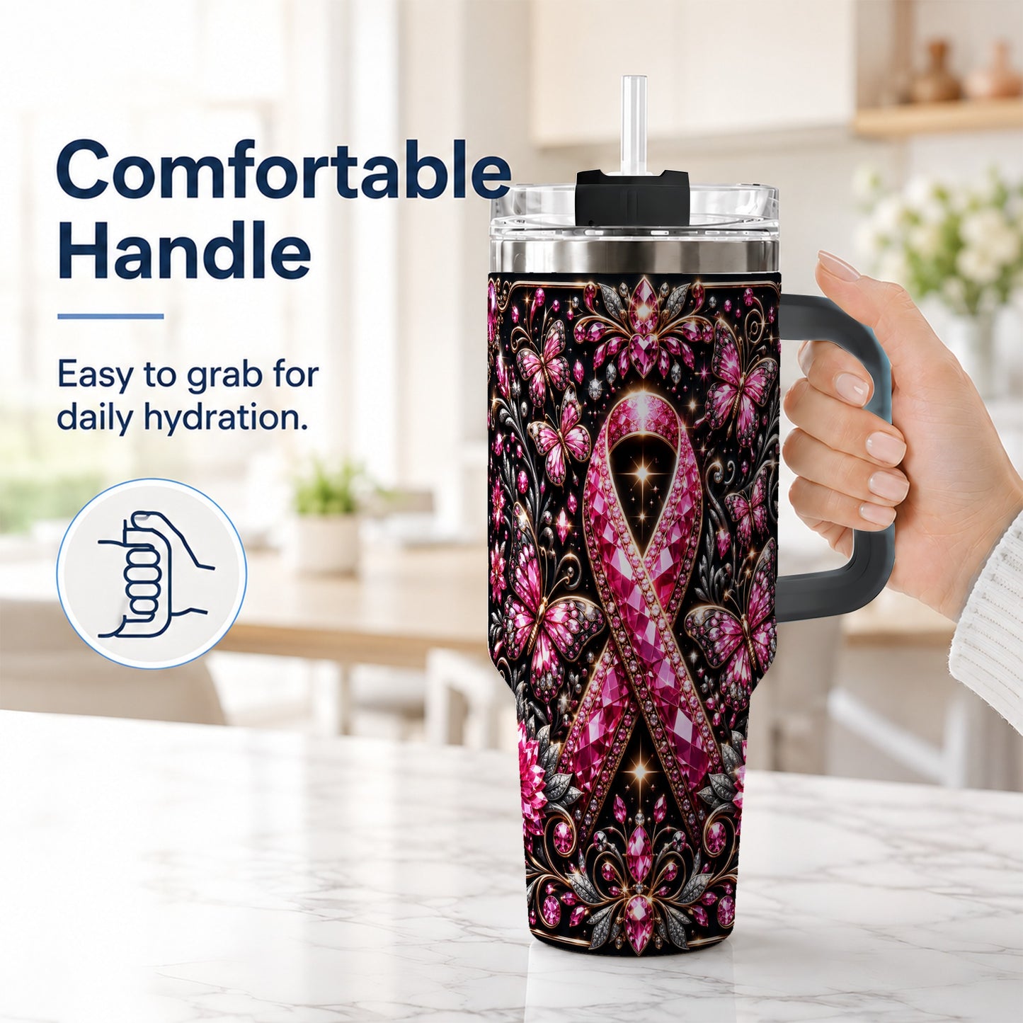#pl[40oz|Black] Pink Ribbon 40oz Tumbler with Handle, Butterfly Stainless Steel Travel Cup