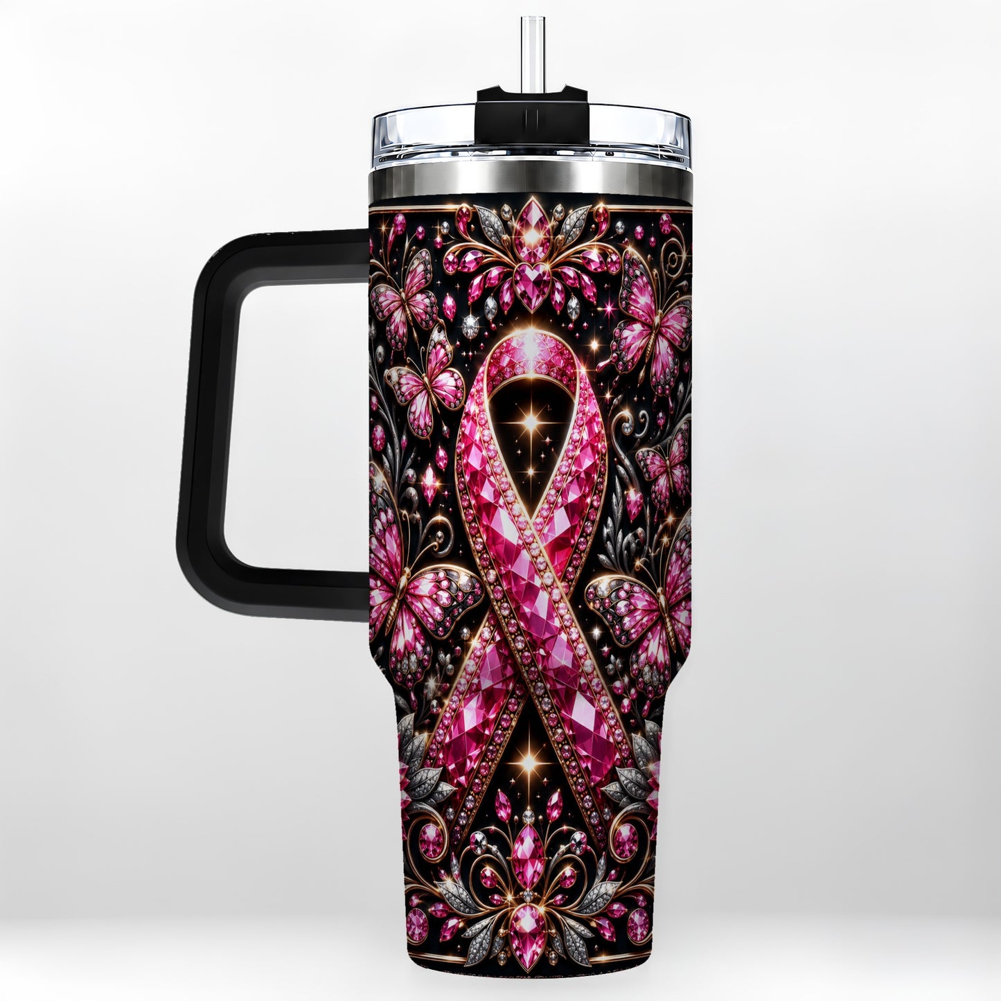 #pl[40oz|Black] Pink Ribbon 40oz Tumbler with Handle, Butterfly Stainless Steel Travel Cup