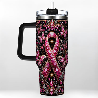#pl[40oz|Black] Pink Ribbon 40oz Tumbler with Handle, Butterfly Stainless Steel Travel Cup