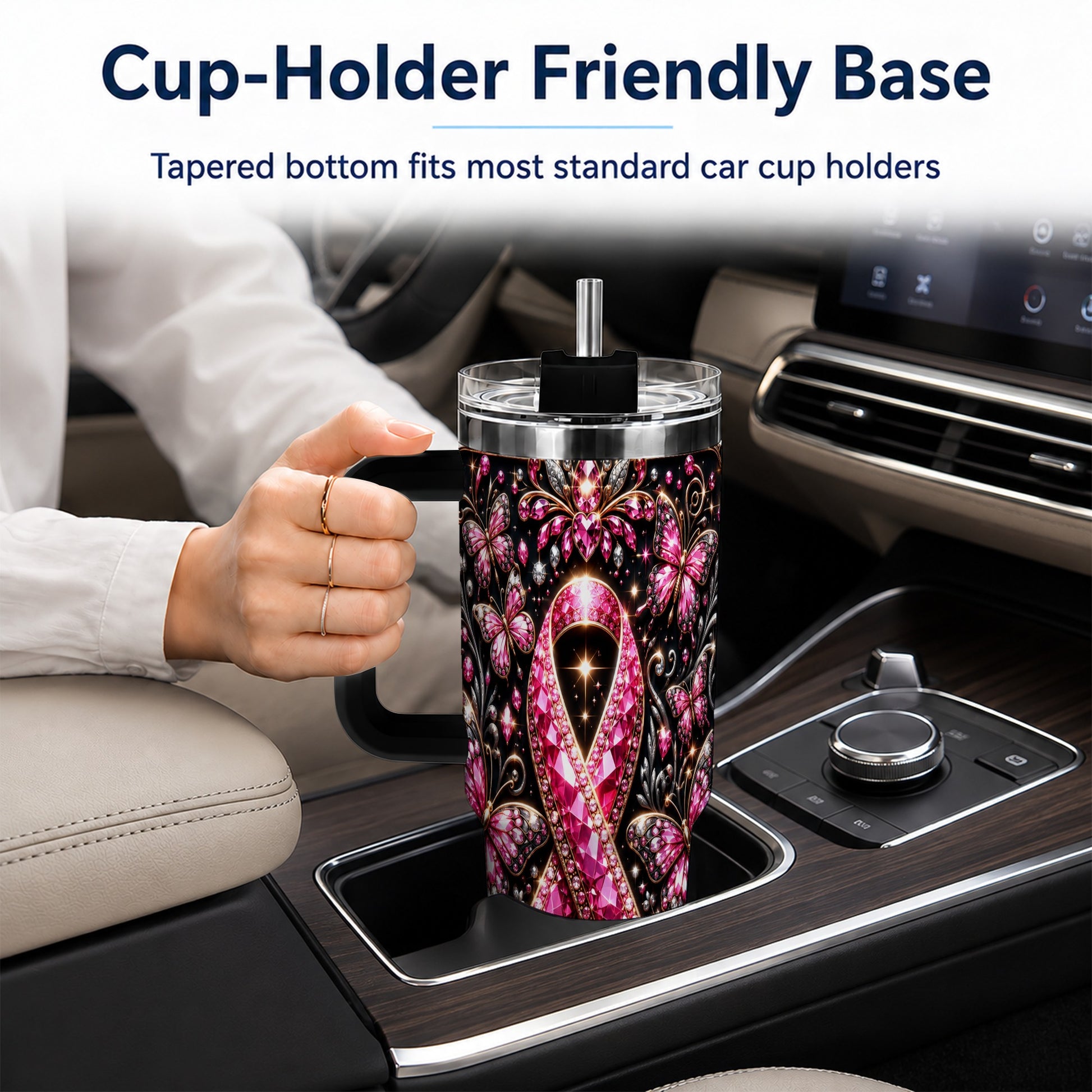 #pl[40oz|Black] Pink Ribbon 40oz Tumbler with Handle, Butterfly Stainless Steel Travel Cup