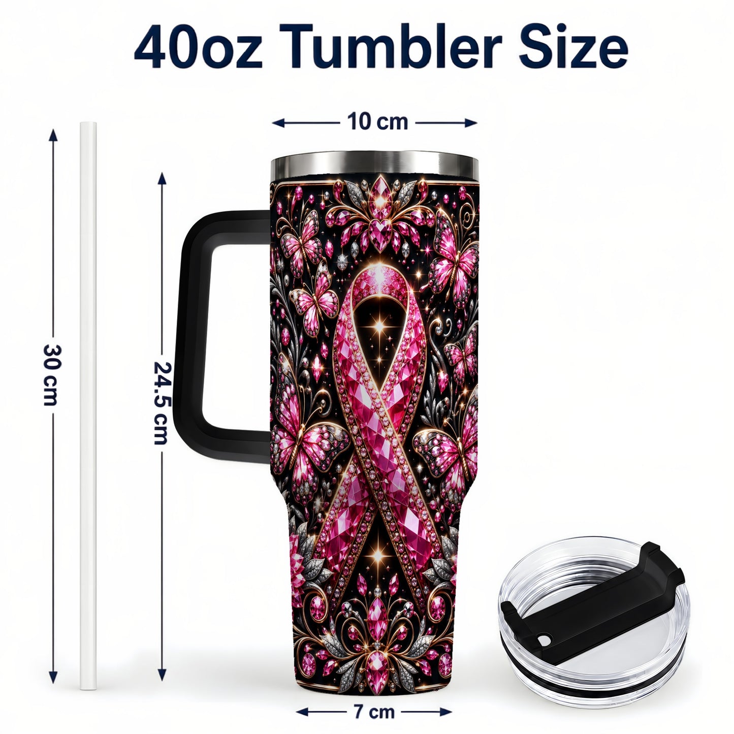 #pl[40oz|Black] Pink Ribbon 40oz Tumbler with Handle, Butterfly Stainless Steel Travel Cup