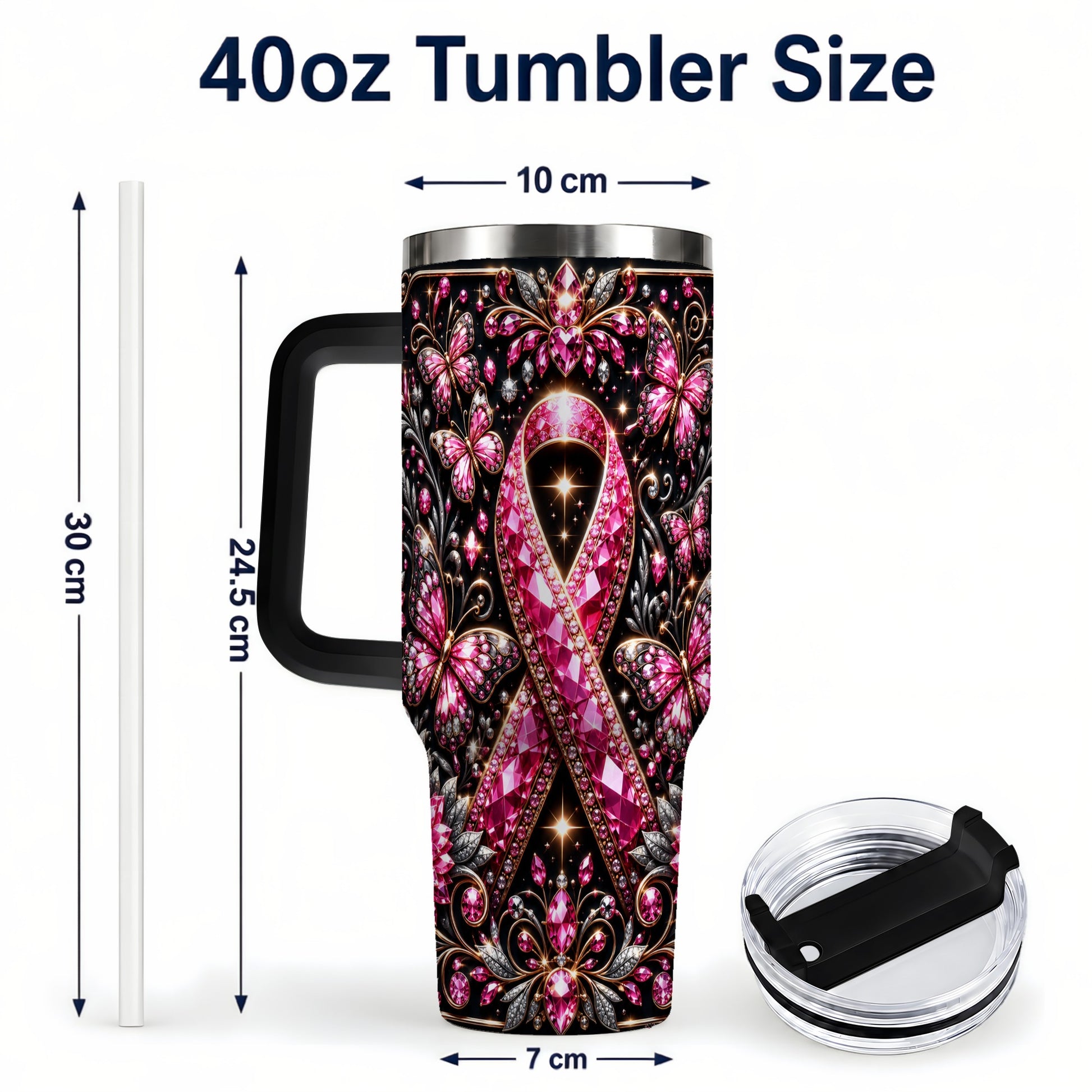 #pl[40oz|Black] Pink Ribbon 40oz Tumbler with Handle, Butterfly Stainless Steel Travel Cup