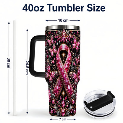 #pl[40oz|Black] Pink Ribbon 40oz Tumbler with Handle, Butterfly Stainless Steel Travel Cup