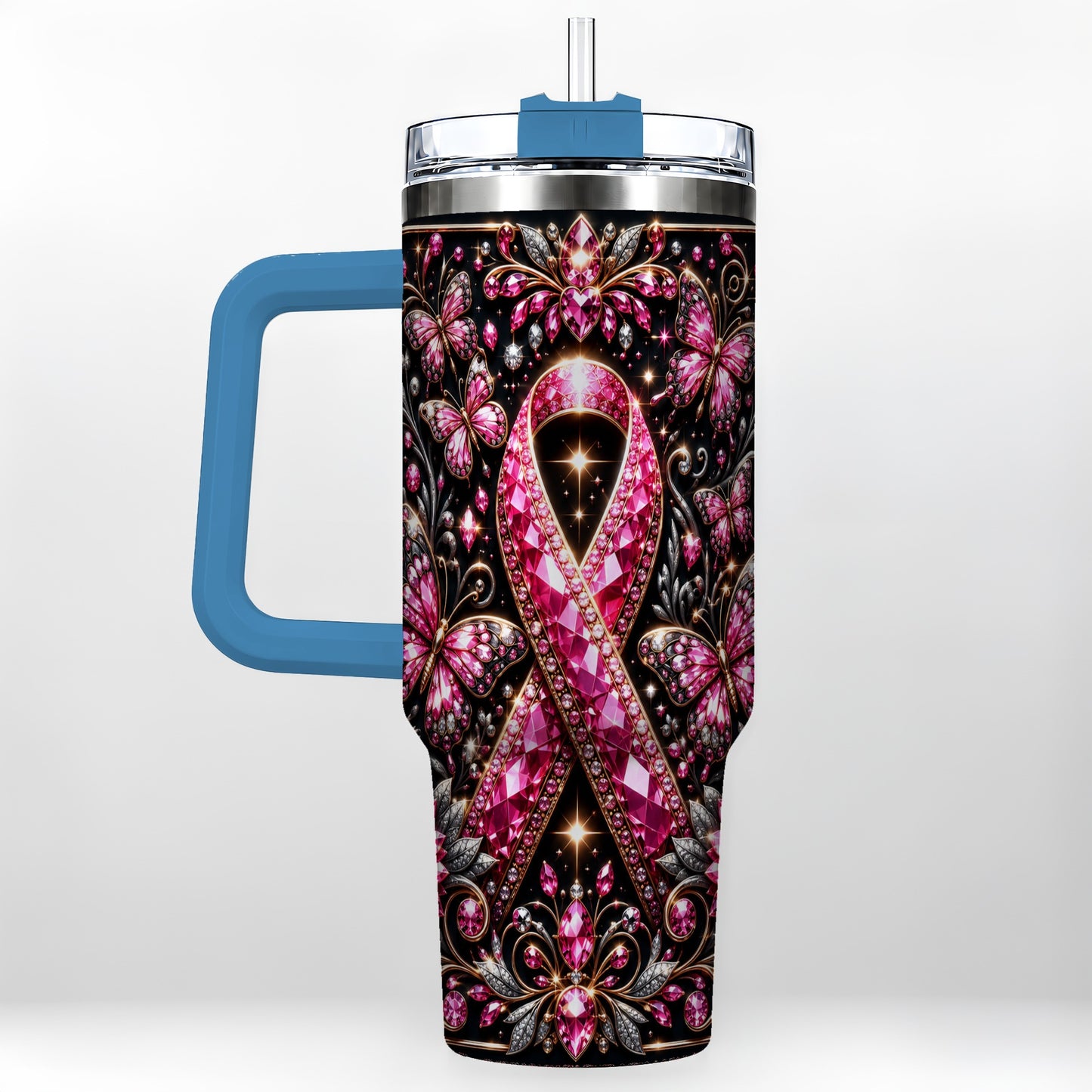 #pl[40oz|Blue] Pink Ribbon 40oz Tumbler with Handle, Butterfly Stainless Steel Travel Cup