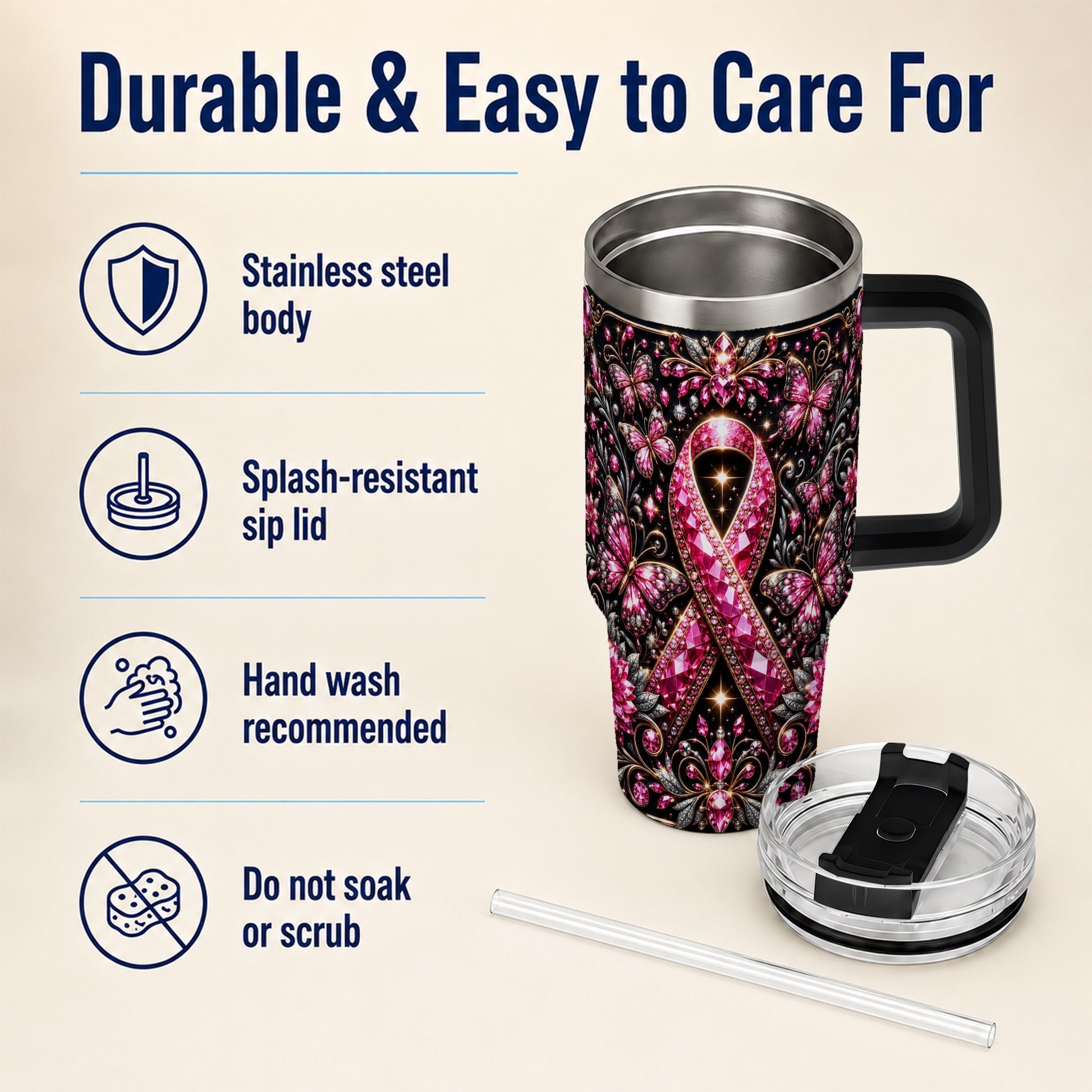#pl[40oz|Black] Pink Ribbon 40oz Tumbler with Handle, Butterfly Stainless Steel Travel Cup