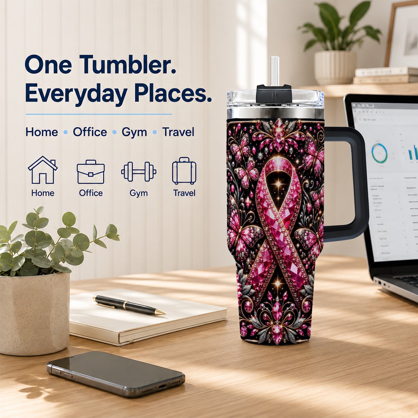 #pl[40oz|Black] Pink Ribbon 40oz Tumbler with Handle, Butterfly Stainless Steel Travel Cup