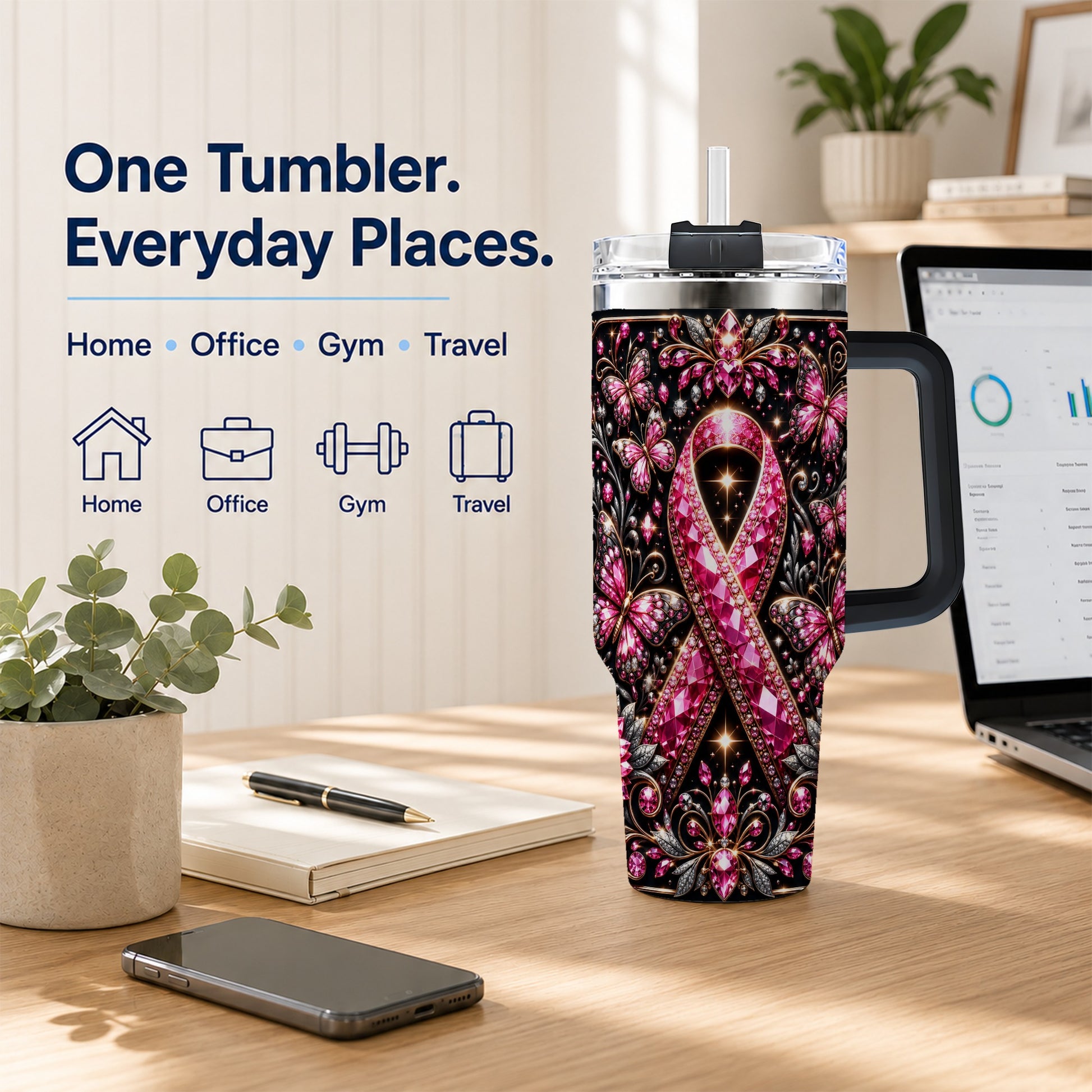 #pl[40oz|Black] Pink Ribbon 40oz Tumbler with Handle, Butterfly Stainless Steel Travel Cup