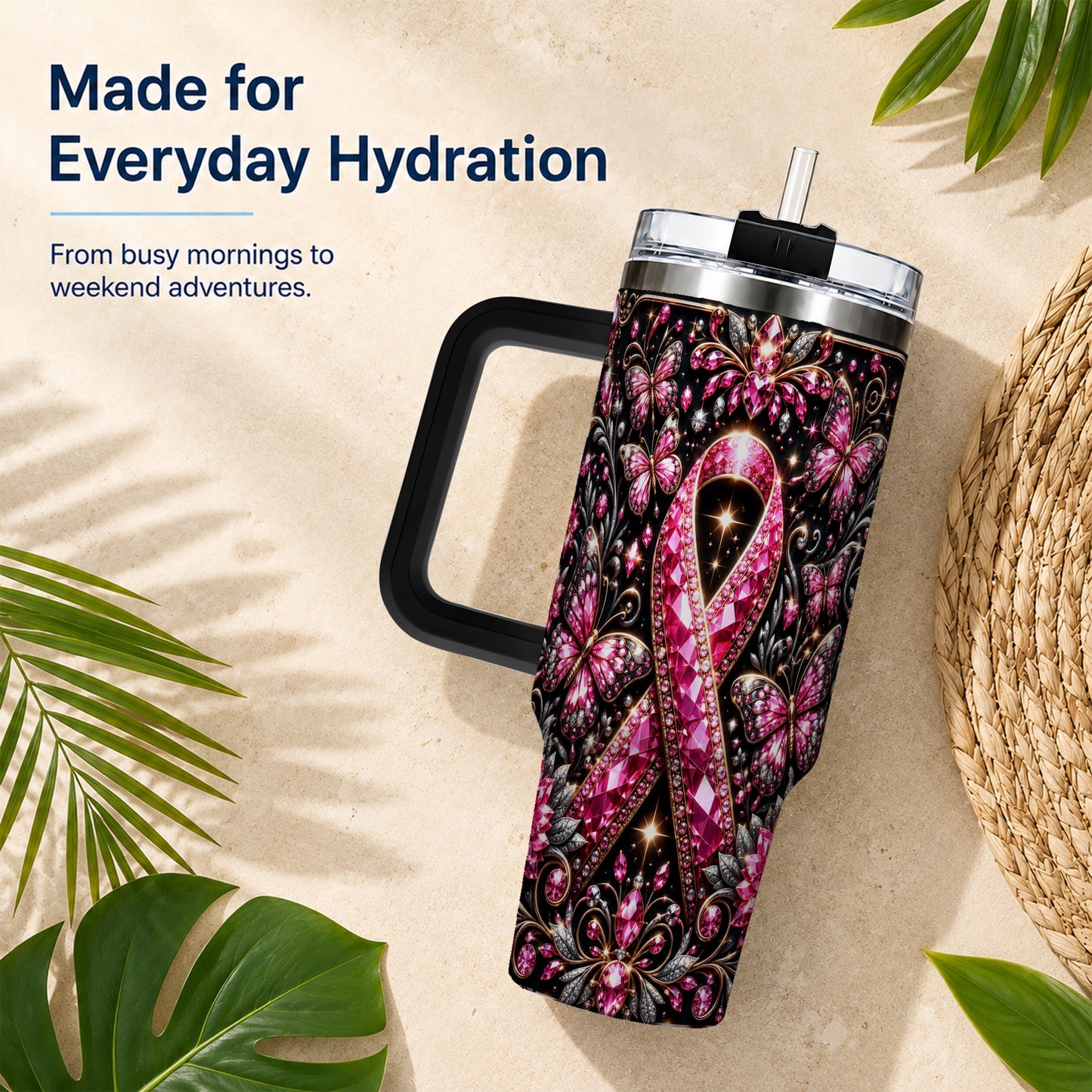 #pl[40oz|Black] Pink Ribbon 40oz Tumbler with Handle, Butterfly Stainless Steel Travel Cup