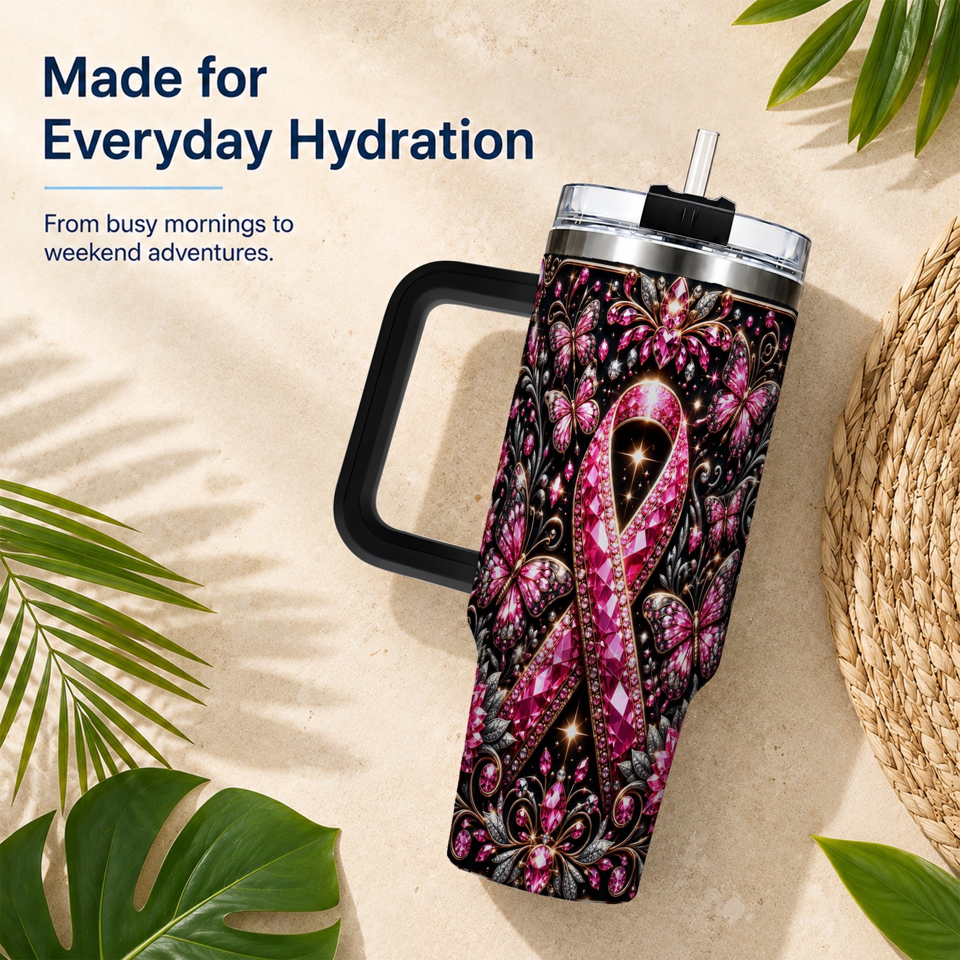 #pl[40oz|Black] Pink Ribbon 40oz Tumbler with Handle, Butterfly Stainless Steel Travel Cup