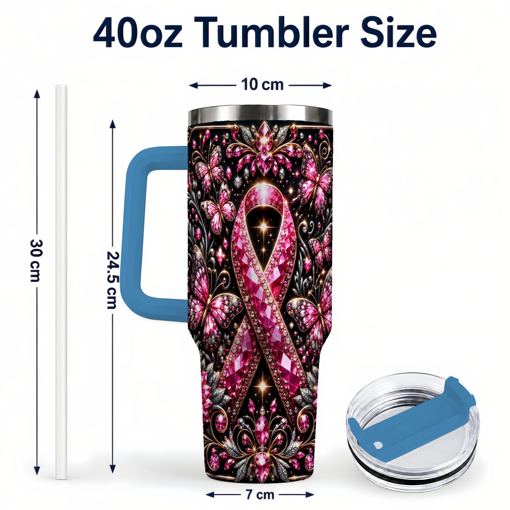 #pl[40oz|Blue] Pink Ribbon 40oz Tumbler with Handle, Butterfly Stainless Steel Travel Cup