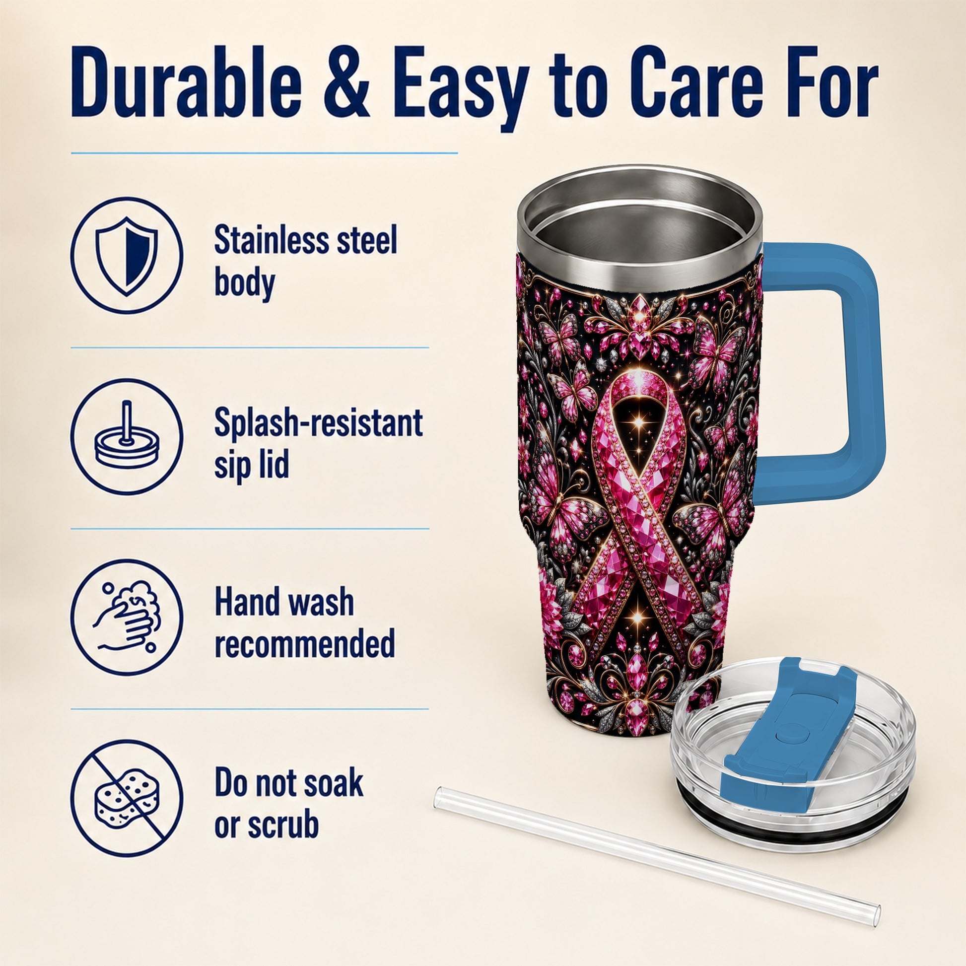 #pl[40oz|Blue] Pink Ribbon 40oz Tumbler with Handle, Butterfly Stainless Steel Travel Cup