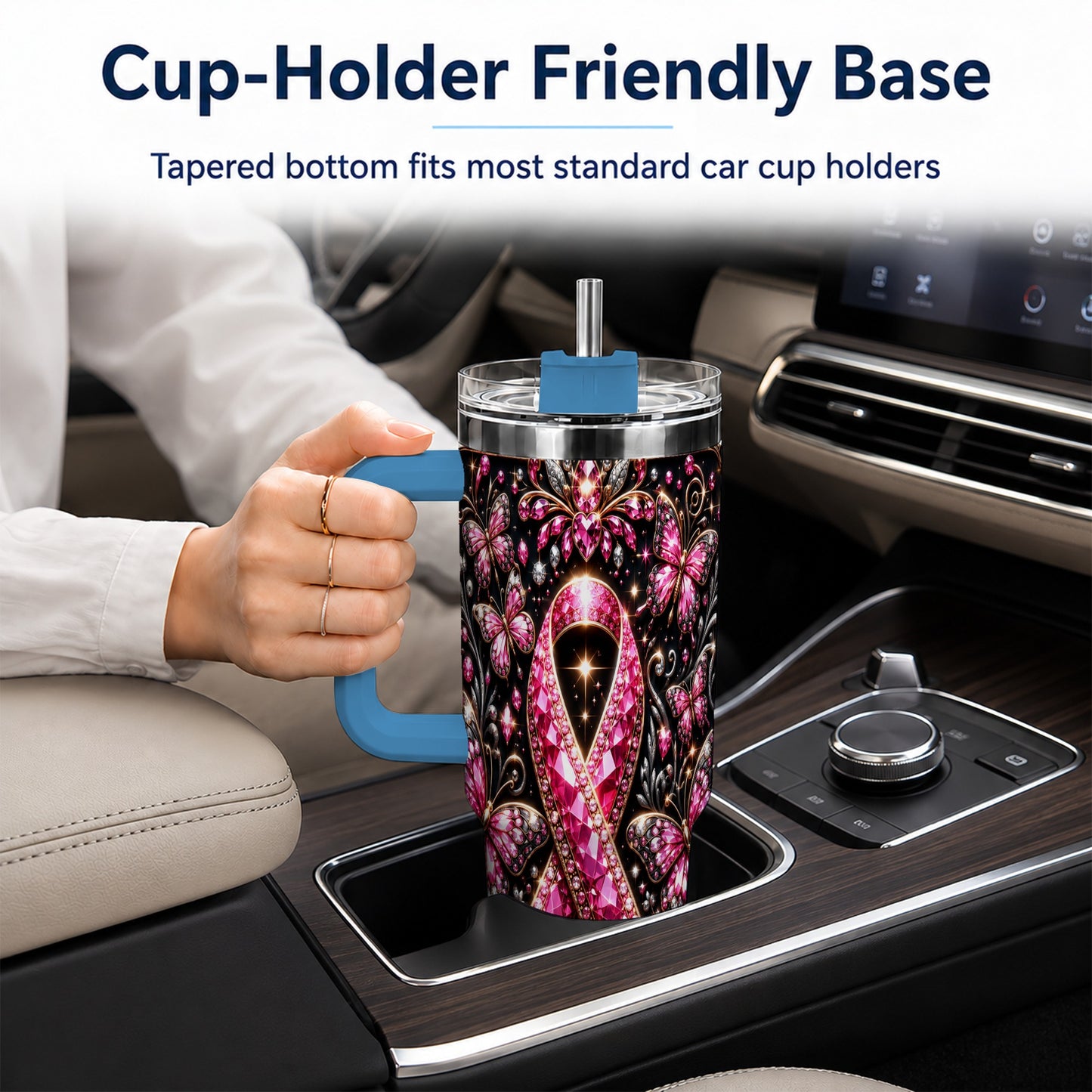 #pl[40oz|Blue] Pink Ribbon 40oz Tumbler with Handle, Butterfly Stainless Steel Travel Cup