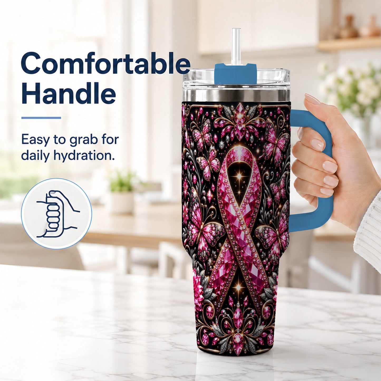 #pl[40oz|Blue] Pink Ribbon 40oz Tumbler with Handle, Butterfly Stainless Steel Travel Cup
