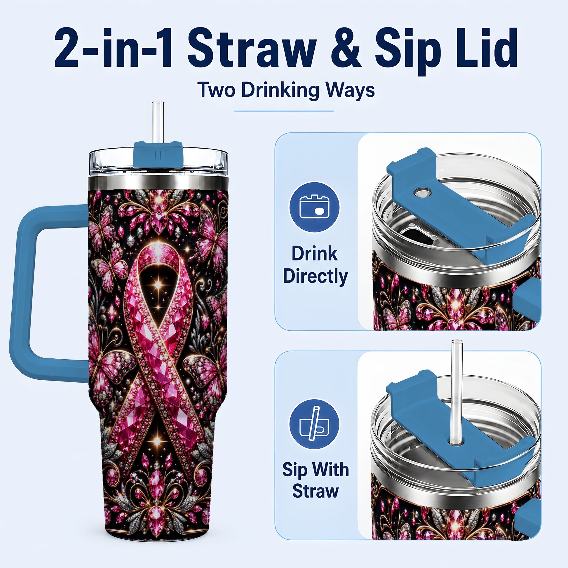 #pl[40oz|Blue] Pink Ribbon 40oz Tumbler with Handle, Butterfly Stainless Steel Travel Cup