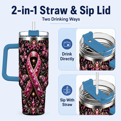 #pl[40oz|Blue] Pink Ribbon 40oz Tumbler with Handle, Butterfly Stainless Steel Travel Cup