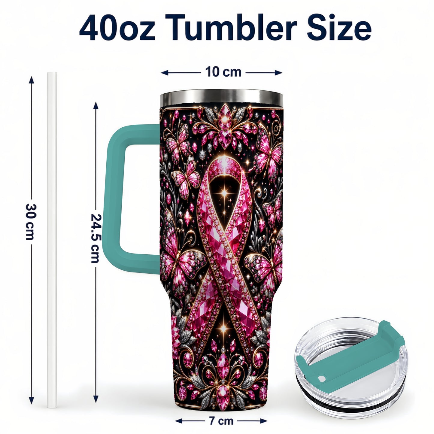 #pl[40oz|Green] Pink Ribbon 40oz Tumbler with Handle, Butterfly Stainless Steel Travel Cup
