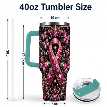 #pl[40oz|Green] Pink Ribbon 40oz Tumbler with Handle, Butterfly Stainless Steel Travel Cup
