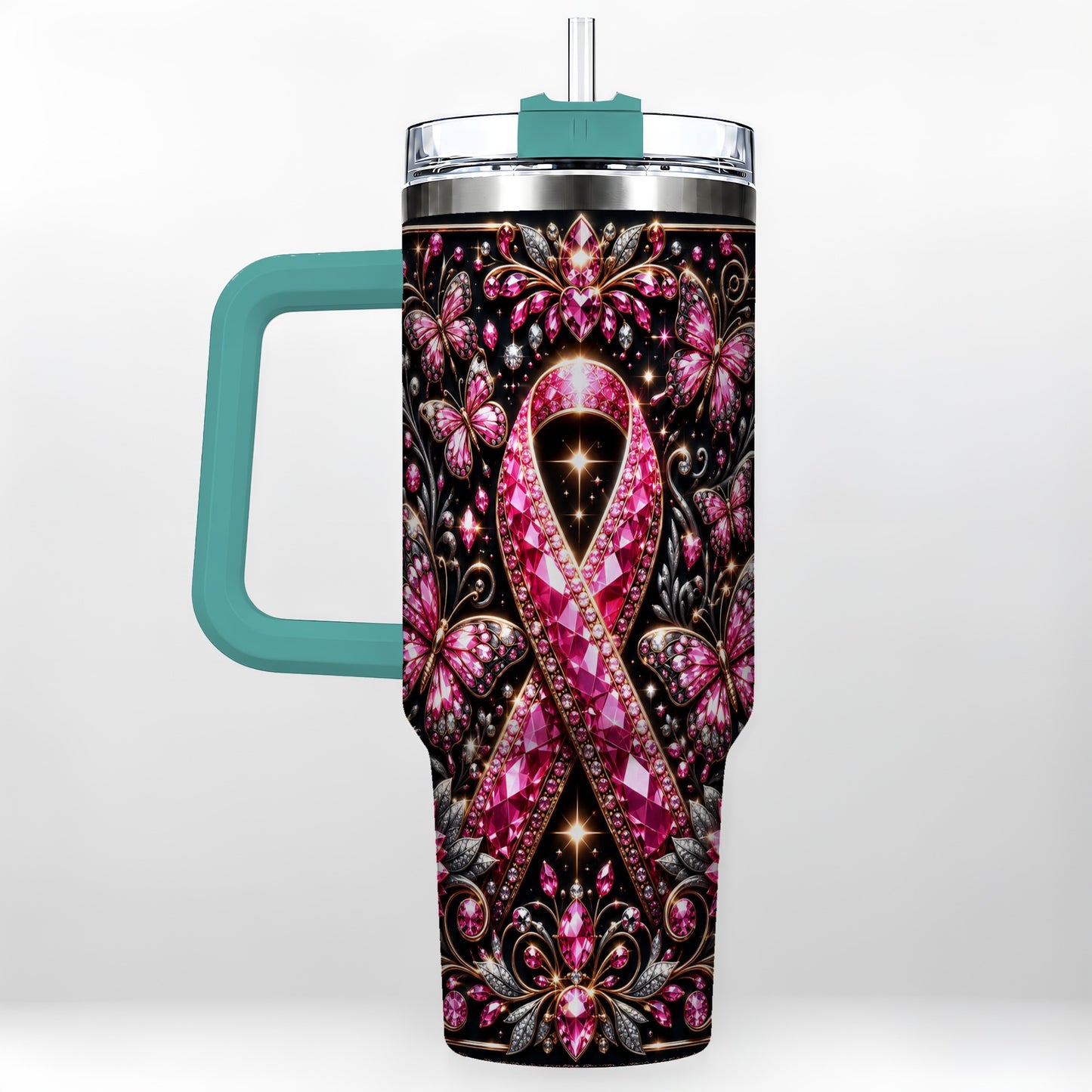 #pl[40oz|Green] Pink Ribbon 40oz Tumbler with Handle, Butterfly Stainless Steel Travel Cup