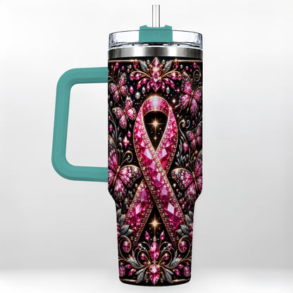 #pl[40oz|Green] Pink Ribbon 40oz Tumbler with Handle, Butterfly Stainless Steel Travel Cup