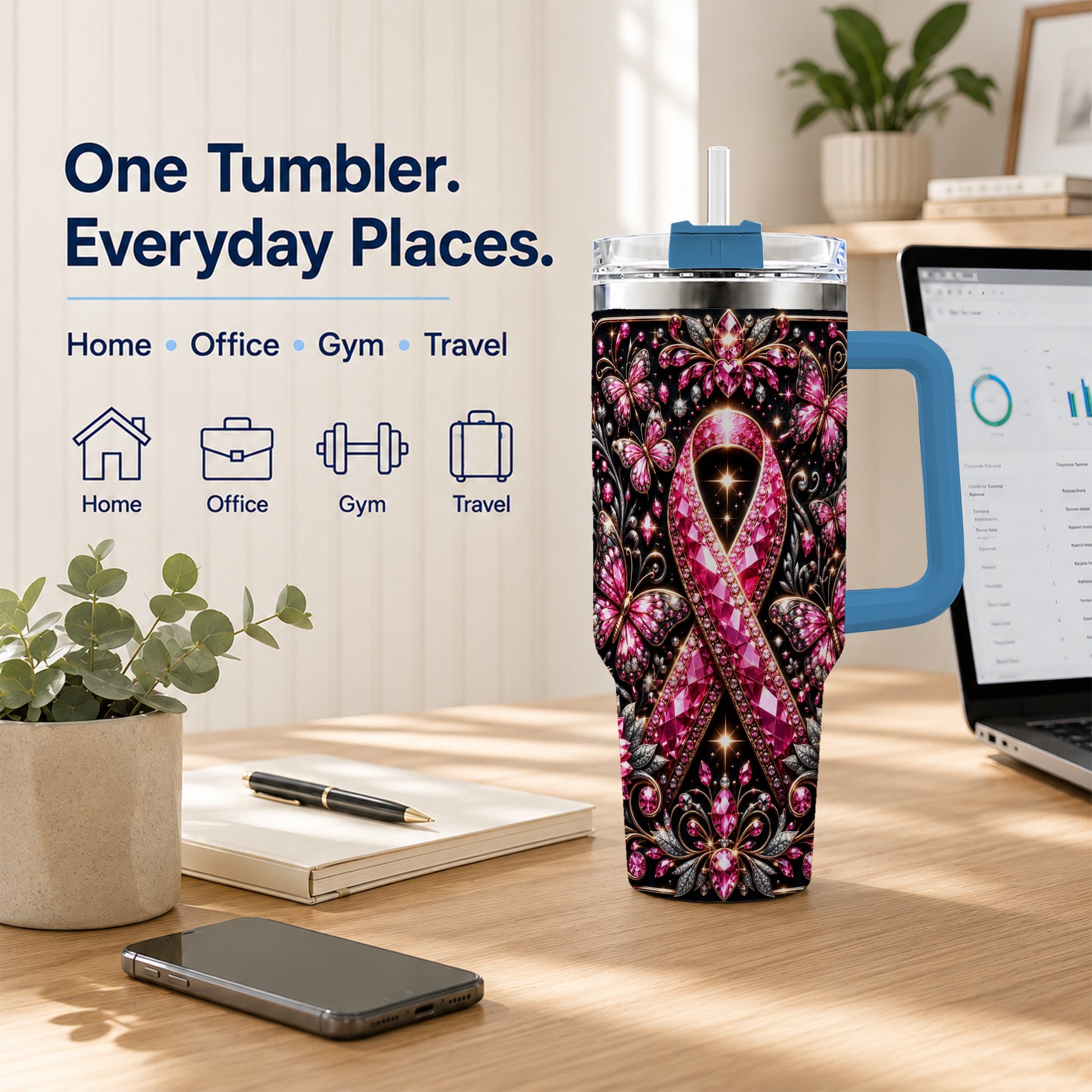 #pl[40oz|Blue] Pink Ribbon 40oz Tumbler with Handle, Butterfly Stainless Steel Travel Cup