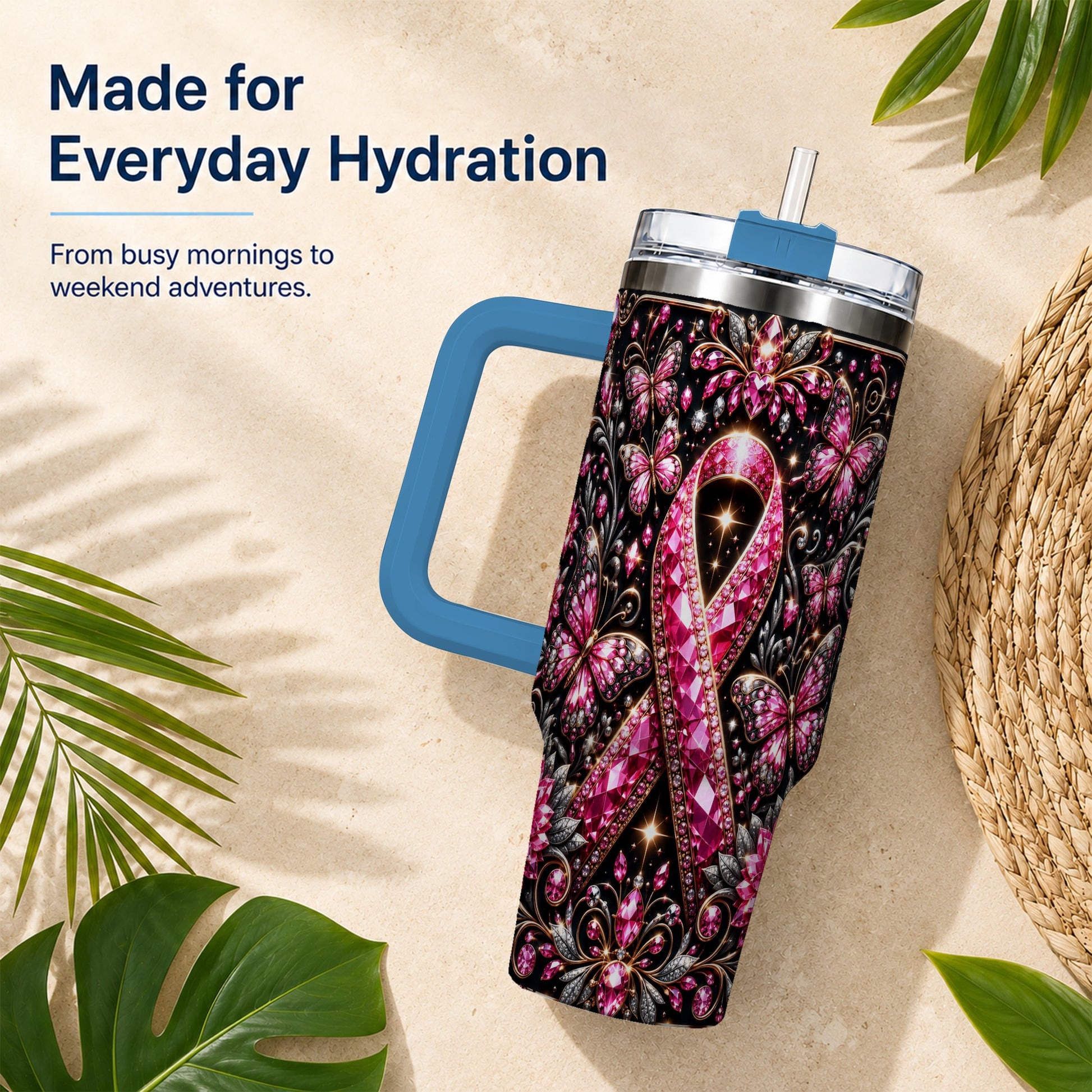 #pl[40oz|Blue] Pink Ribbon 40oz Tumbler with Handle, Butterfly Stainless Steel Travel Cup