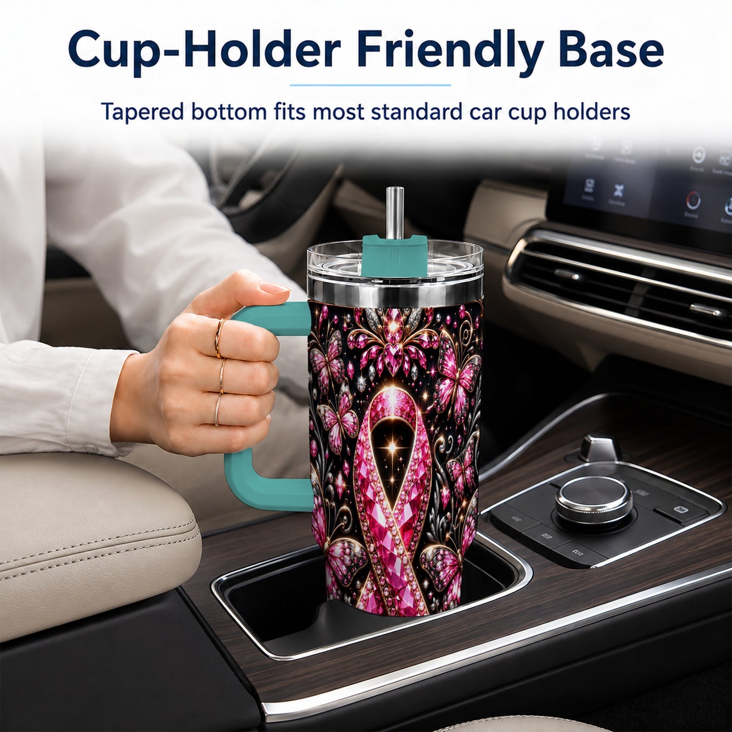 #pl[40oz|Green] Pink Ribbon 40oz Tumbler with Handle, Butterfly Stainless Steel Travel Cup