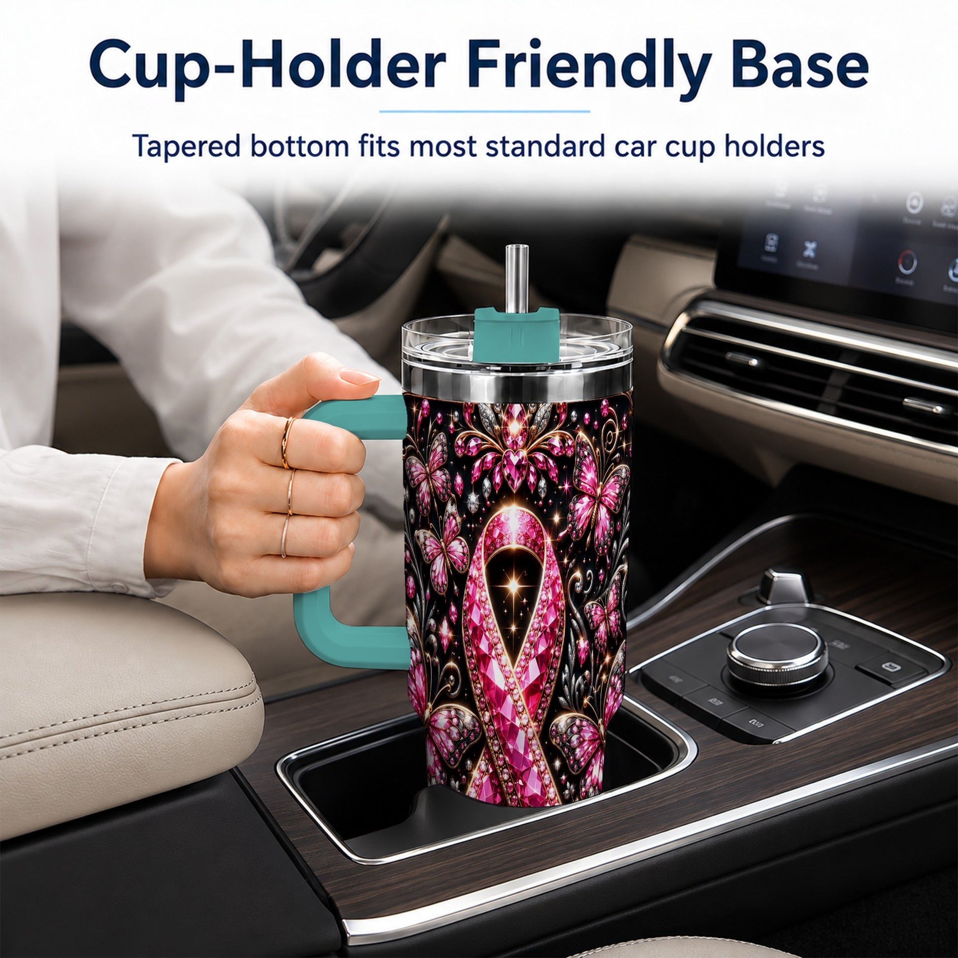 #pl[40oz|Green] Pink Ribbon 40oz Tumbler with Handle, Butterfly Stainless Steel Travel Cup