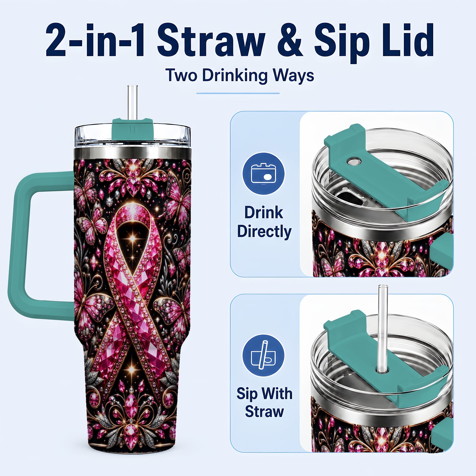 #pl[40oz|Green] Pink Ribbon 40oz Tumbler with Handle, Butterfly Stainless Steel Travel Cup