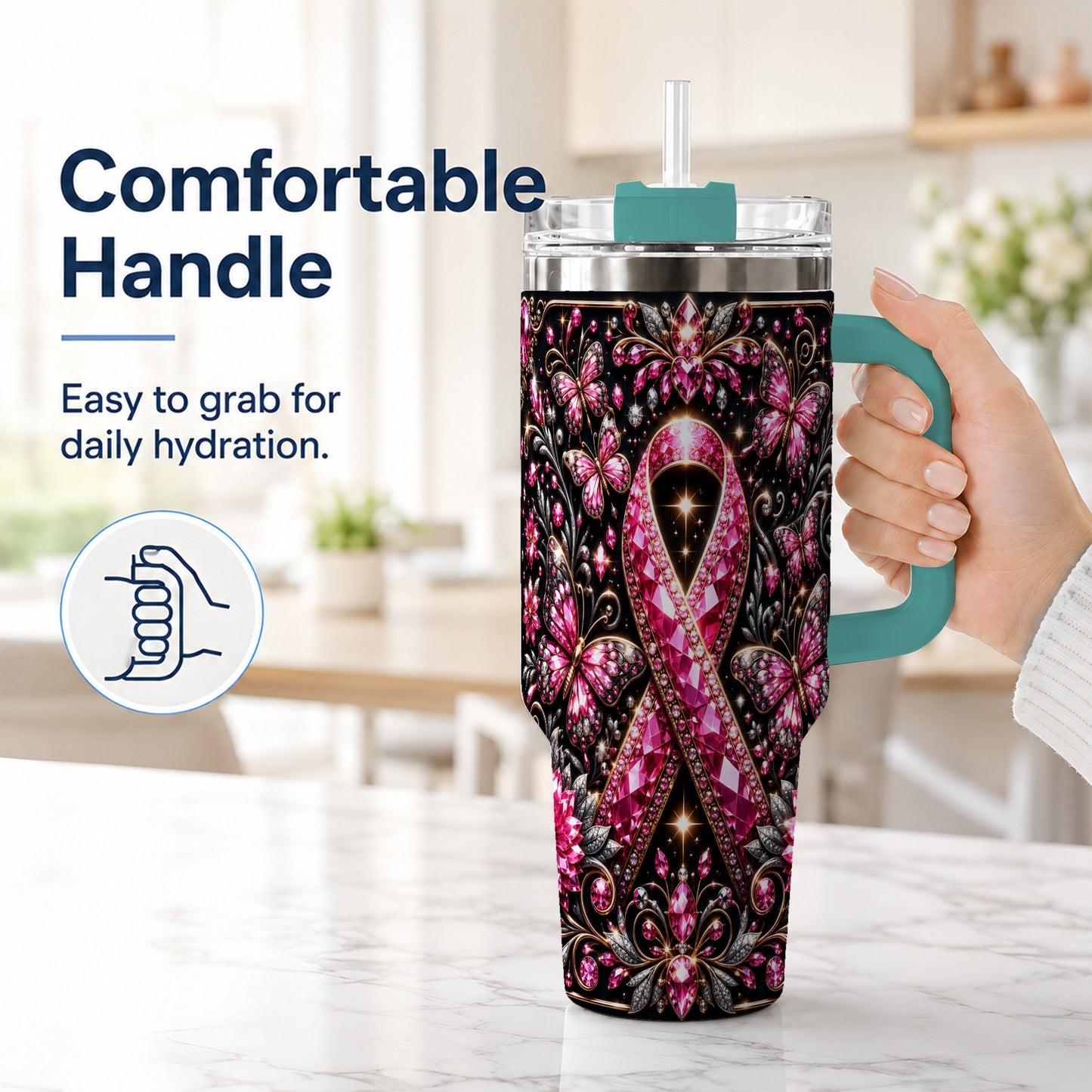 #pl[40oz|Green] Pink Ribbon 40oz Tumbler with Handle, Butterfly Stainless Steel Travel Cup