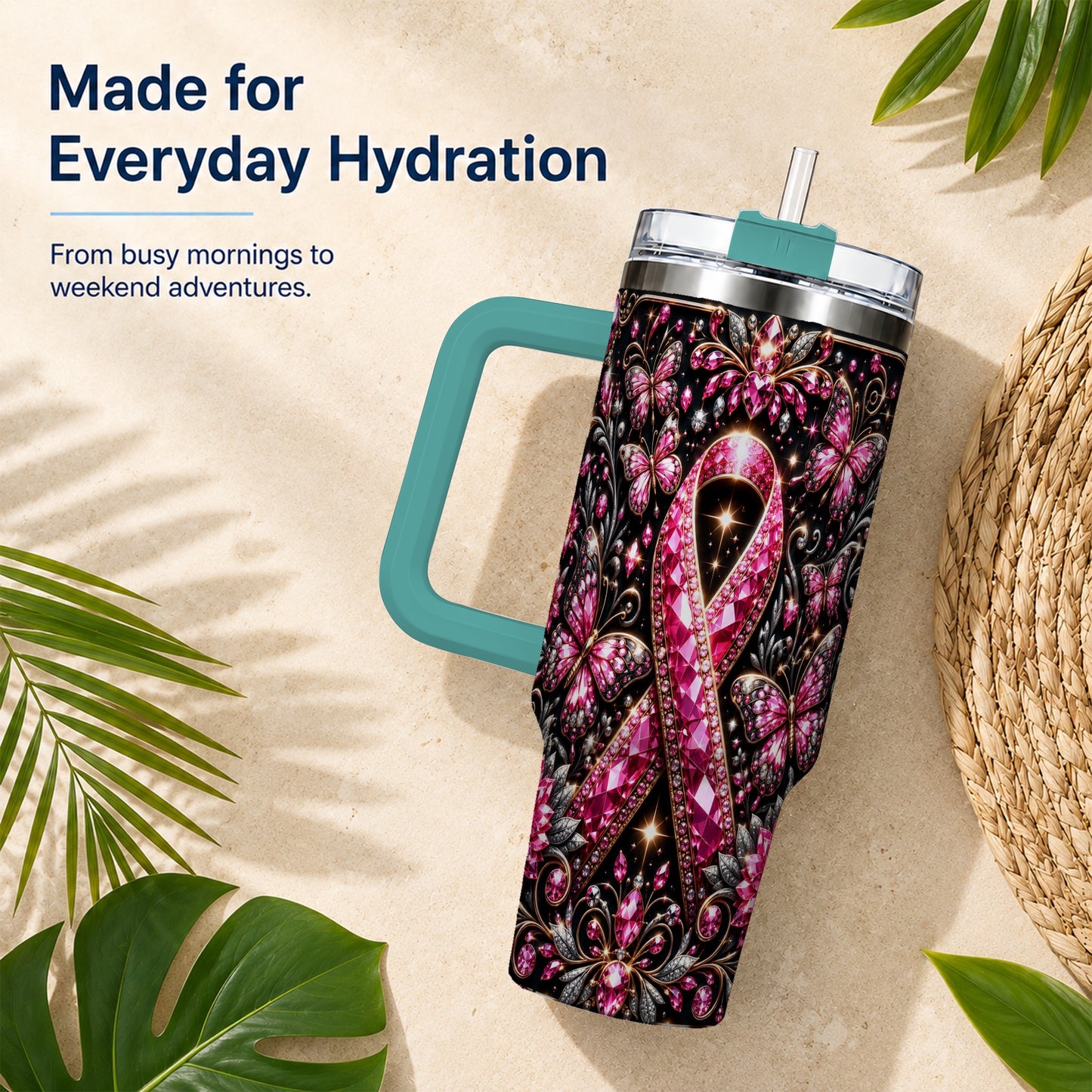 #pl[40oz|Green] Pink Ribbon 40oz Tumbler with Handle, Butterfly Stainless Steel Travel Cup
