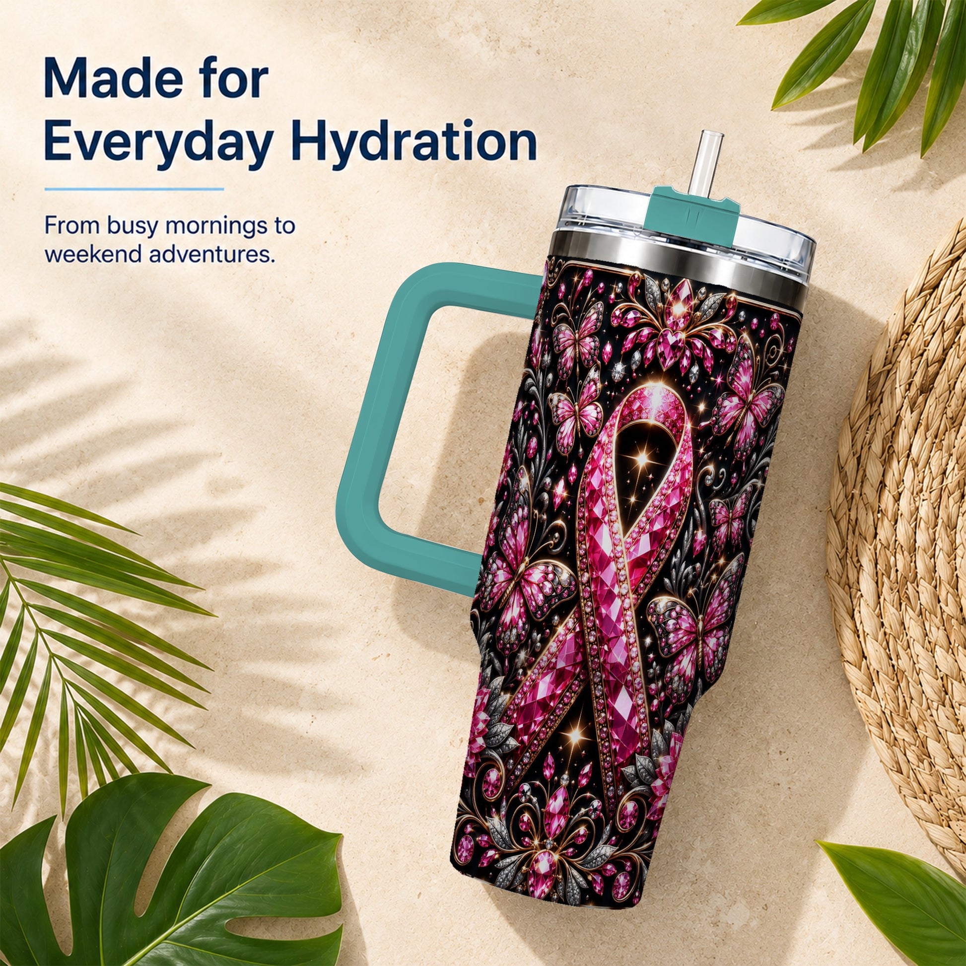 #pl[40oz|Green] Pink Ribbon 40oz Tumbler with Handle, Butterfly Stainless Steel Travel Cup