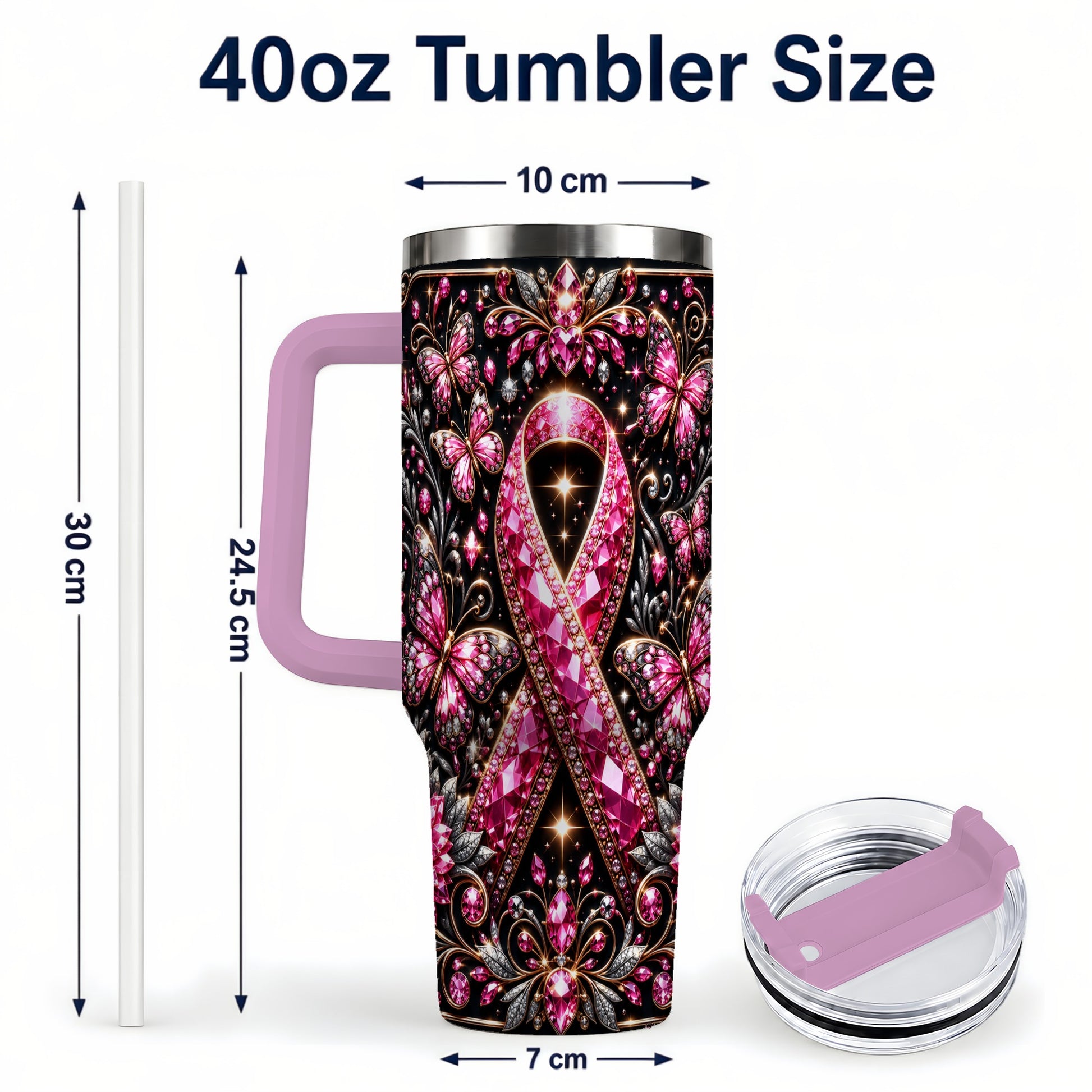 #pl[40oz|Pink] Pink Ribbon 40oz Tumbler with Handle, Butterfly Stainless Steel Travel Cup