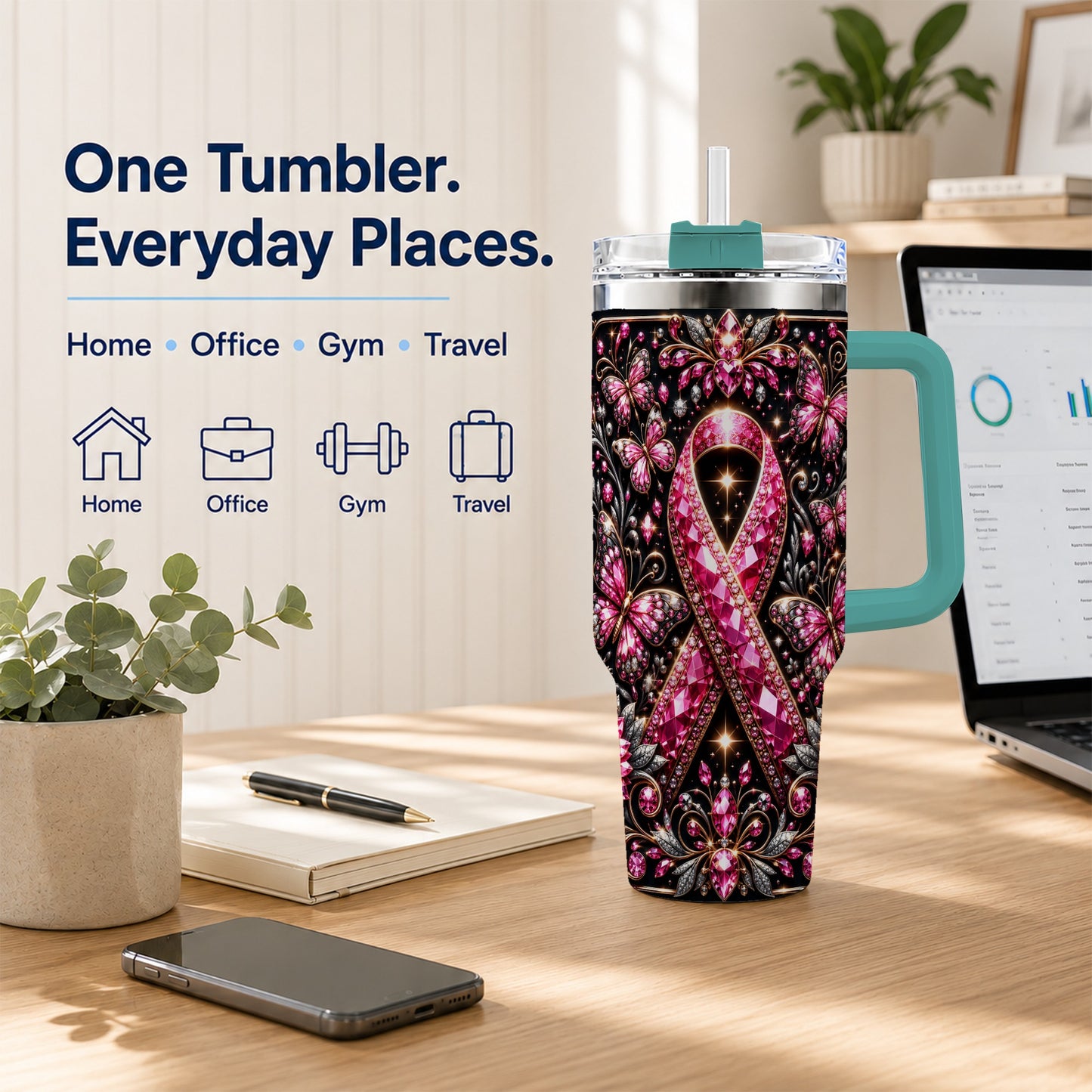 #pl[40oz|Green] Pink Ribbon 40oz Tumbler with Handle, Butterfly Stainless Steel Travel Cup