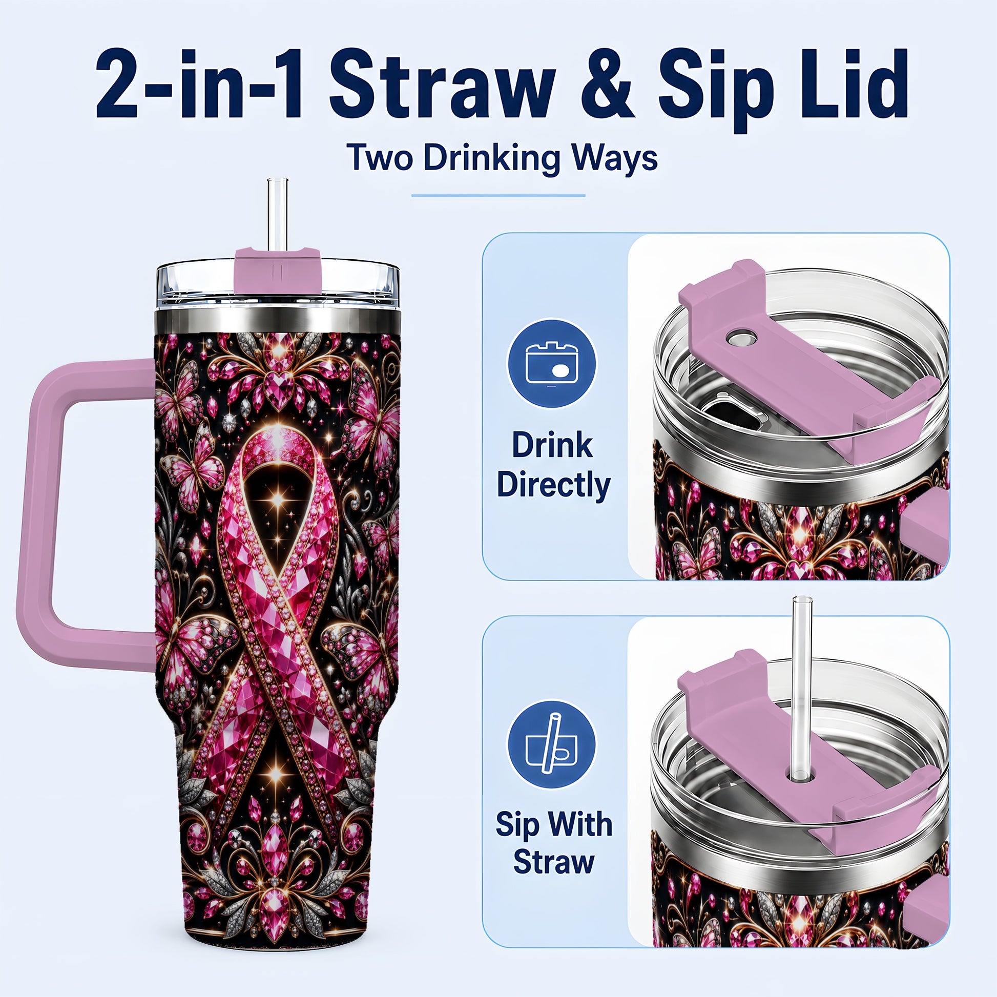 #pl[40oz|Pink] Pink Ribbon 40oz Tumbler with Handle, Butterfly Stainless Steel Travel Cup