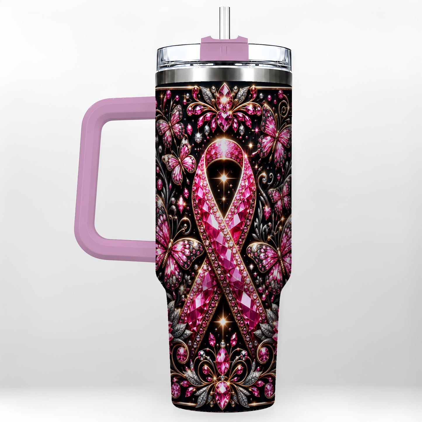 #pl[40oz|Pink] Pink Ribbon 40oz Tumbler with Handle, Butterfly Stainless Steel Travel Cup