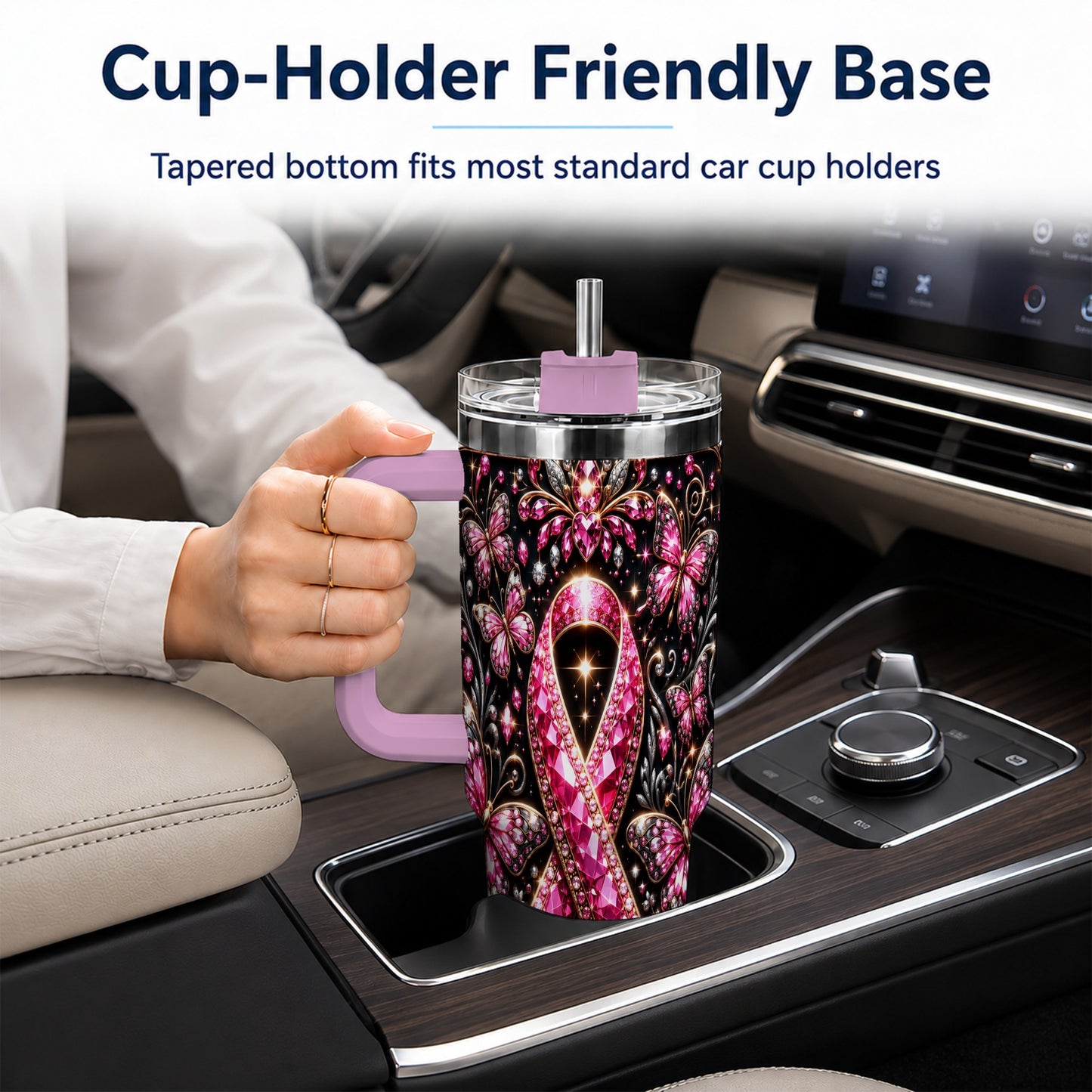 #pl[40oz|Pink] Pink Ribbon 40oz Tumbler with Handle, Butterfly Stainless Steel Travel Cup