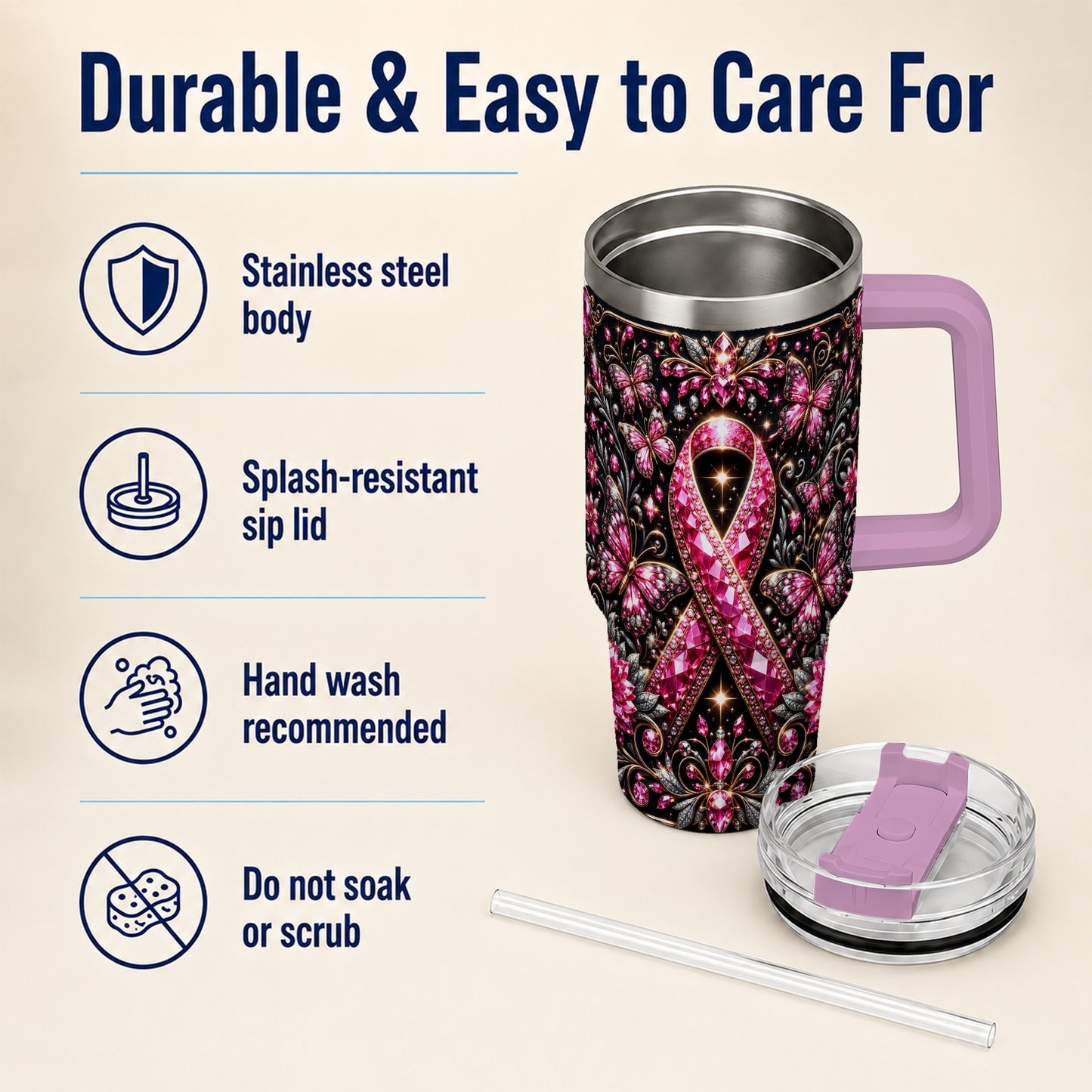 #pl[40oz|Pink] Pink Ribbon 40oz Tumbler with Handle, Butterfly Stainless Steel Travel Cup